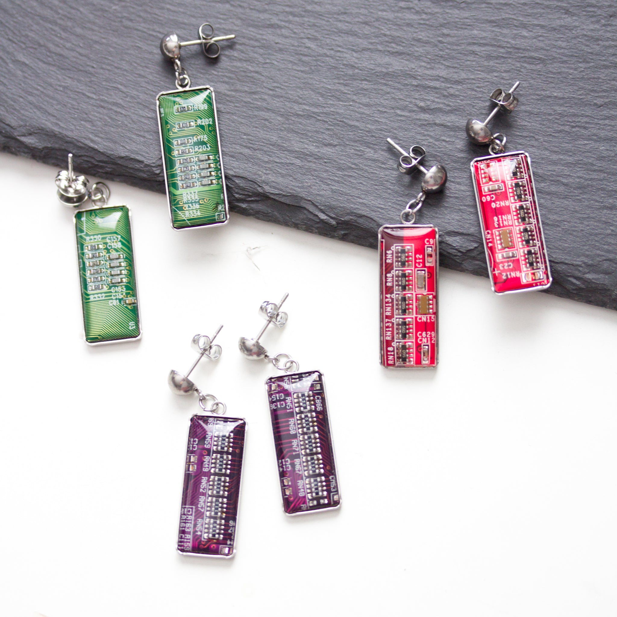 Stud / dangle earrings with rectangular circuit board pendants, steel wires