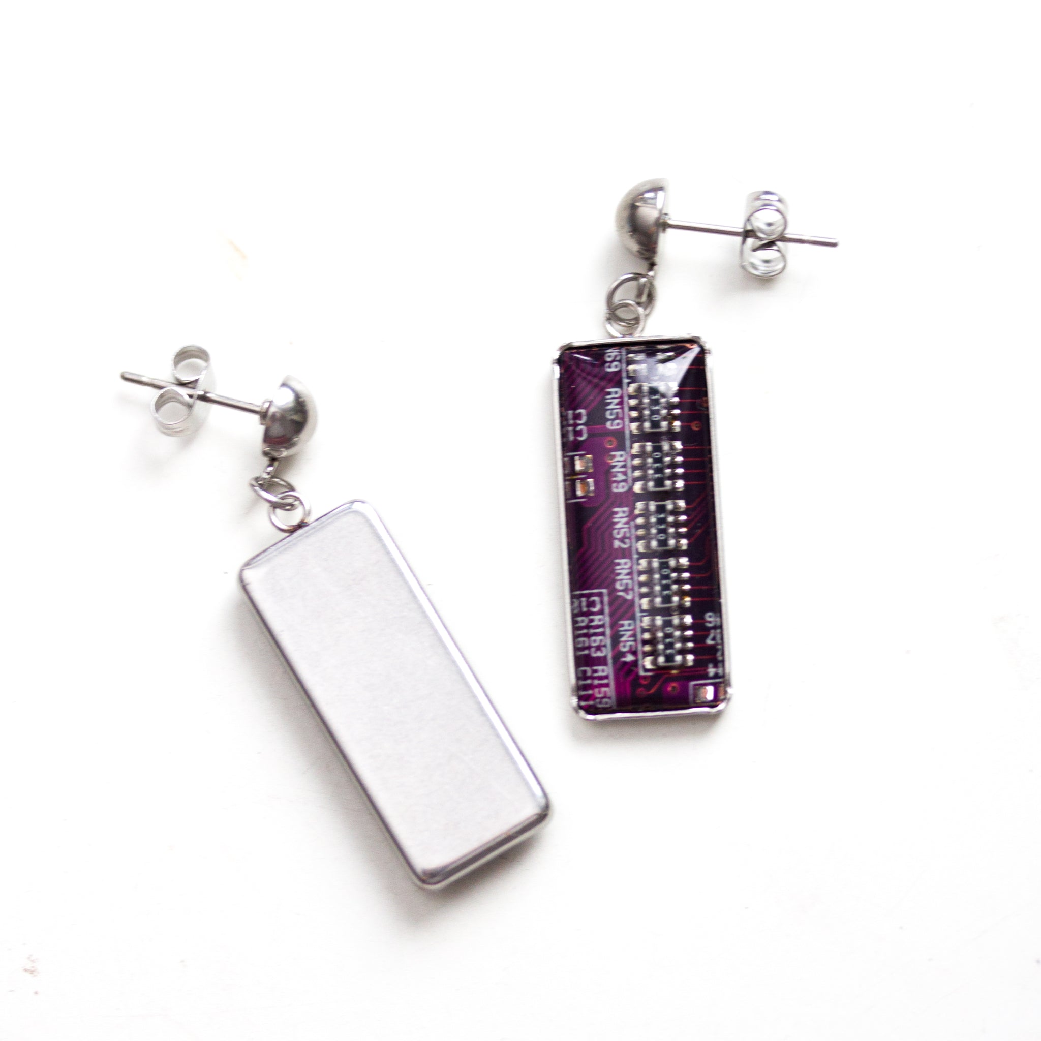 Stud / dangle earrings with rectangular circuit board pendants, steel wires