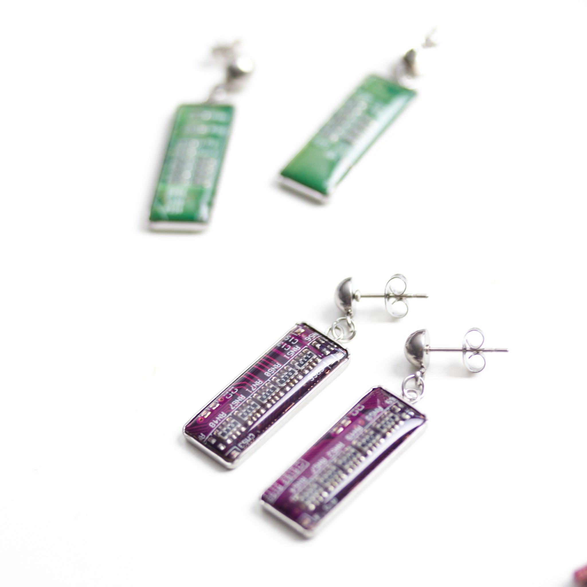 Stud / dangle earrings with rectangular circuit board pendants, steel wires