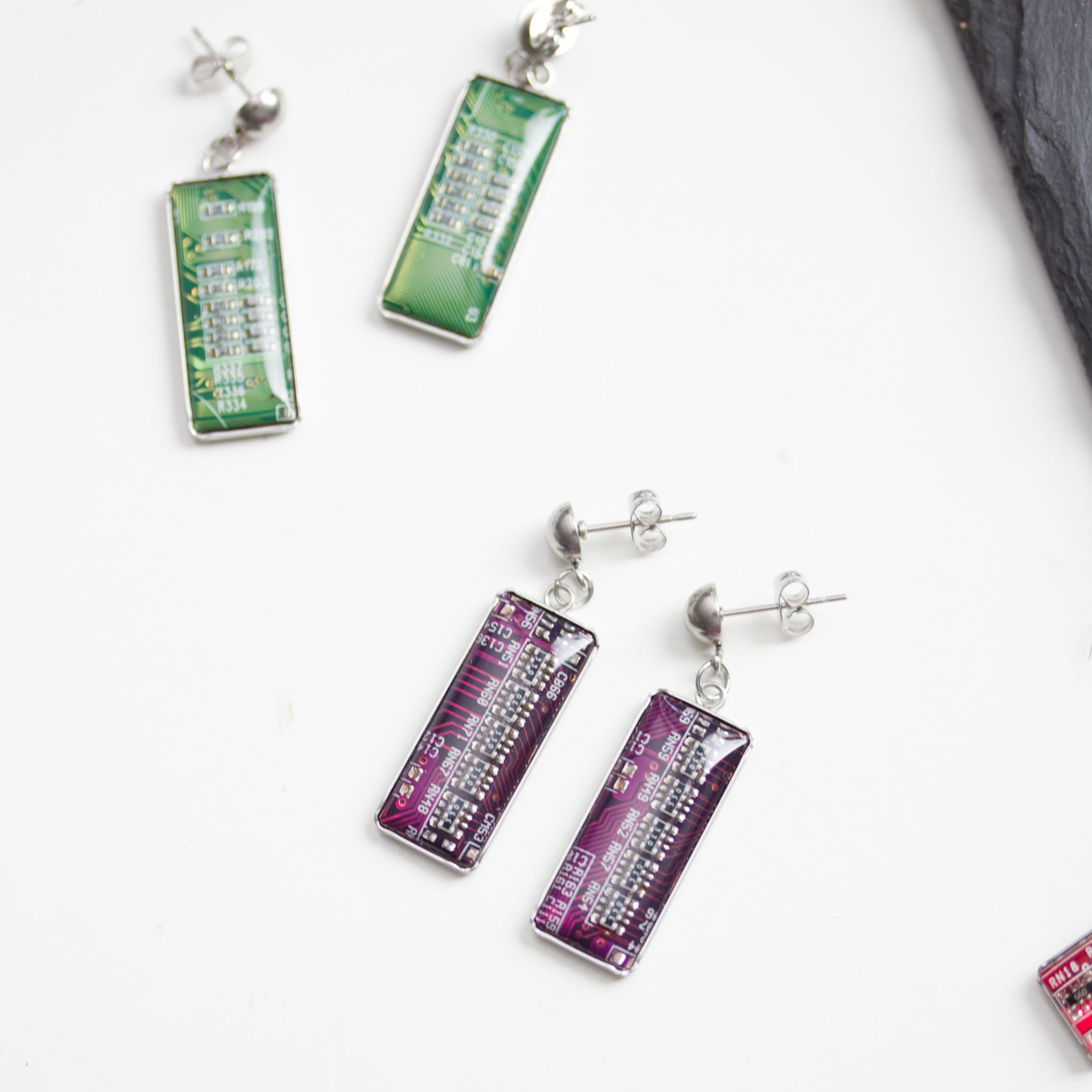 Stud / dangle earrings with rectangular circuit board pendants, steel wires