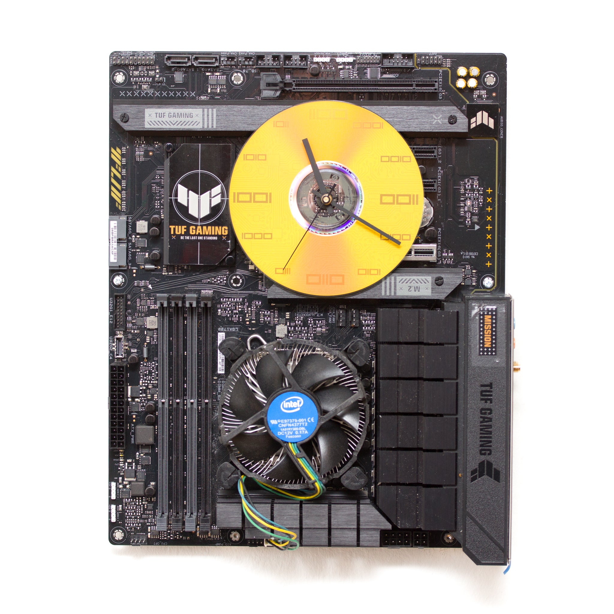 Geeky Wall Clock made of black / dark brown circuit board with yellow clock face