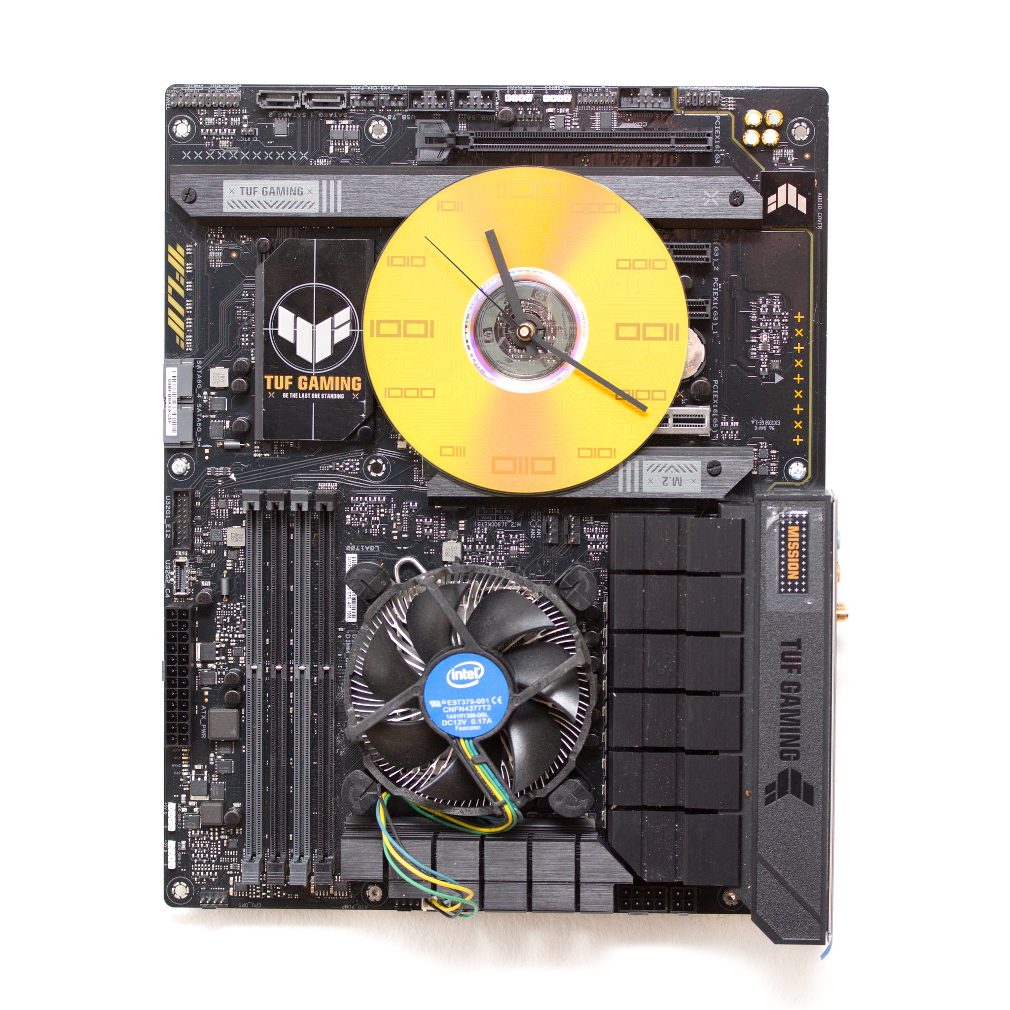 Geeky Wall Clock made of black / dark brown circuit board with yellow clock face