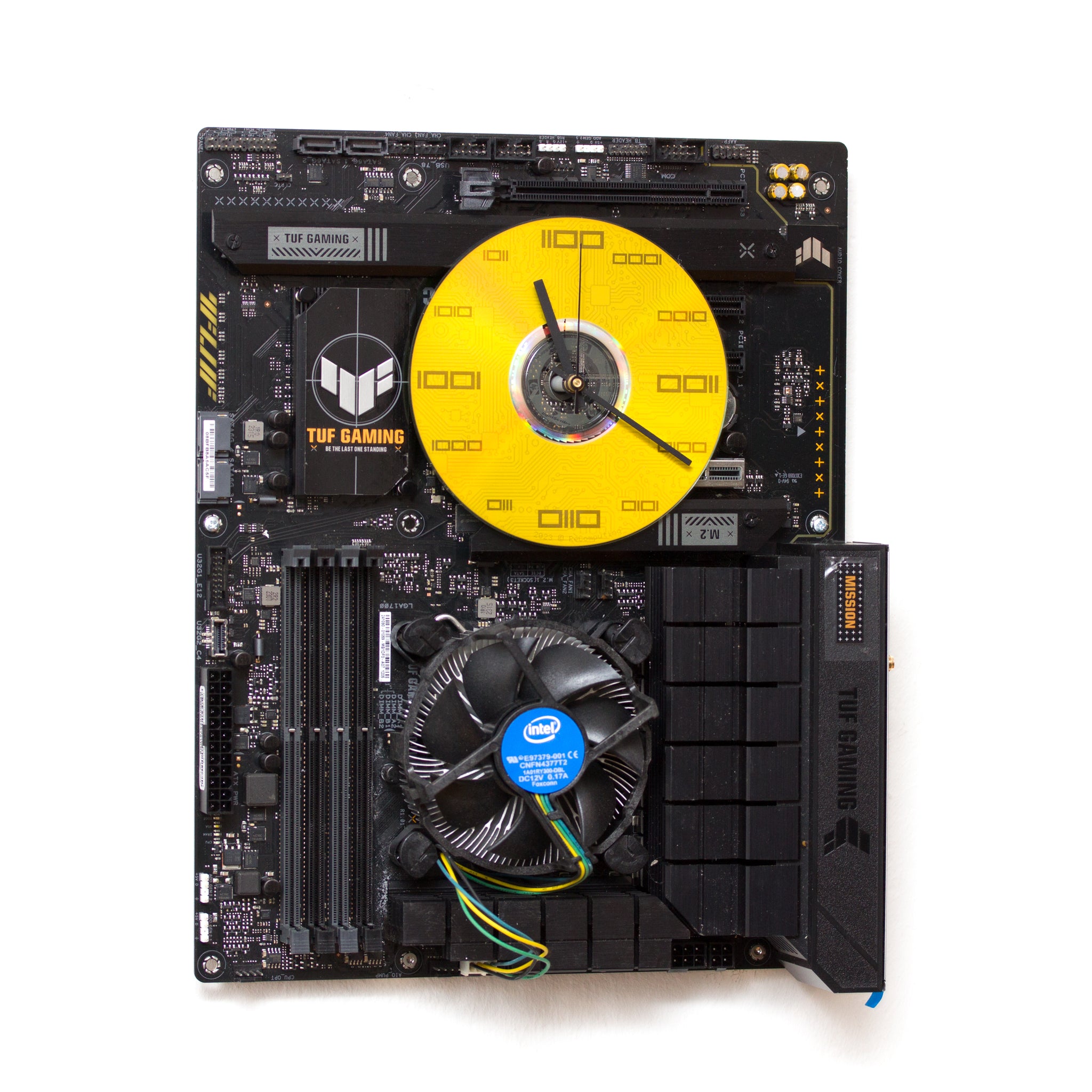 Geeky Wall Clock made of black / dark brown circuit board with yellow clock face