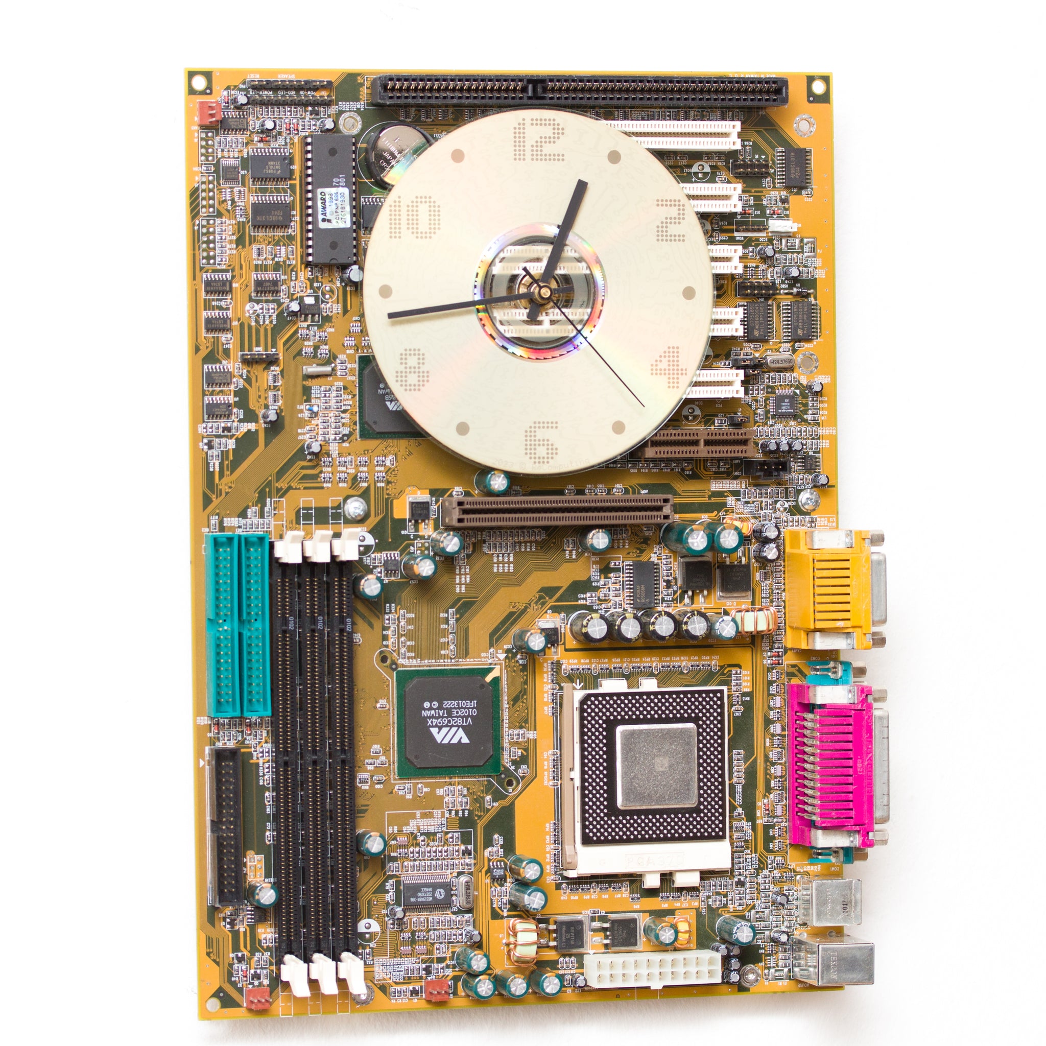 Unique Wall clock - yellow / olive green recycled motherboard - ready to ship