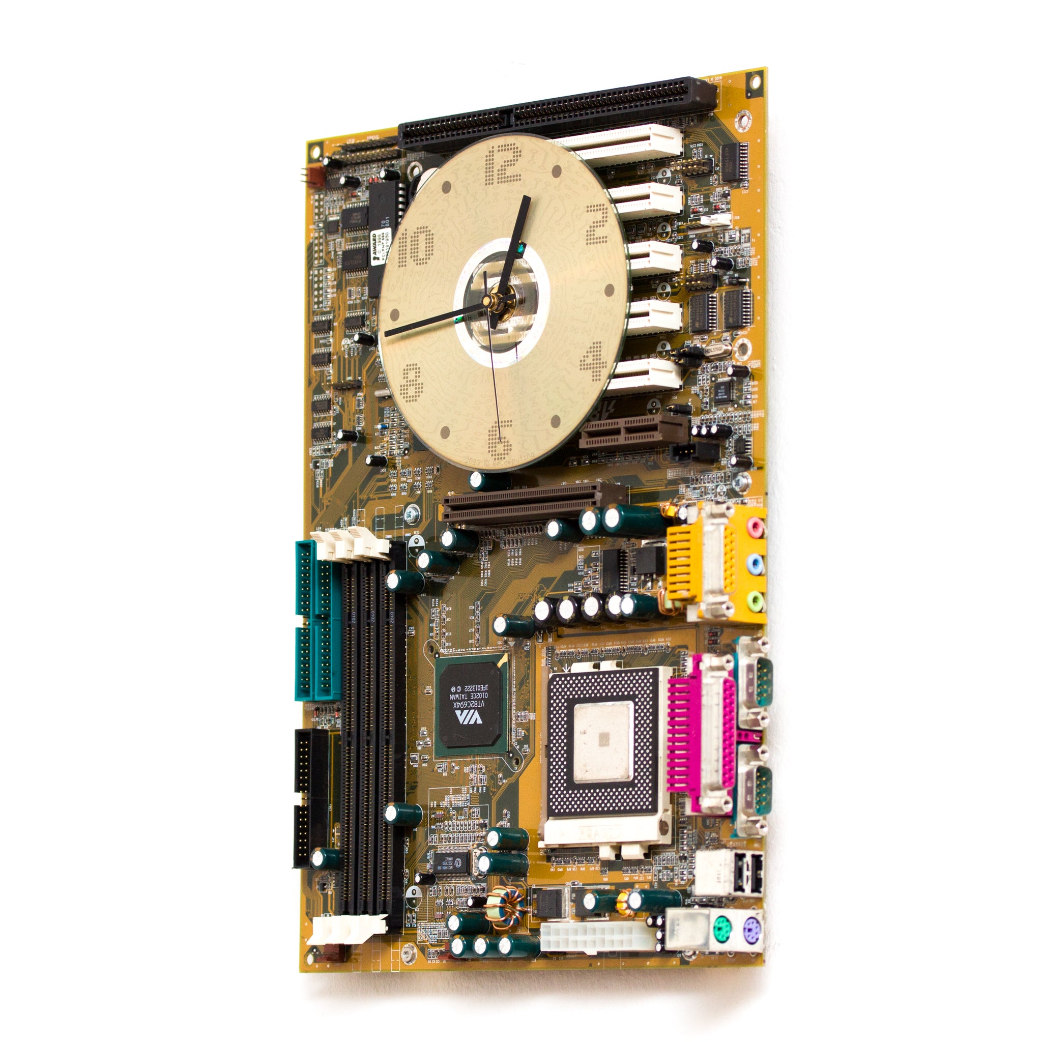 Unique Wall clock - yellow / olive green recycled motherboard - ready to ship