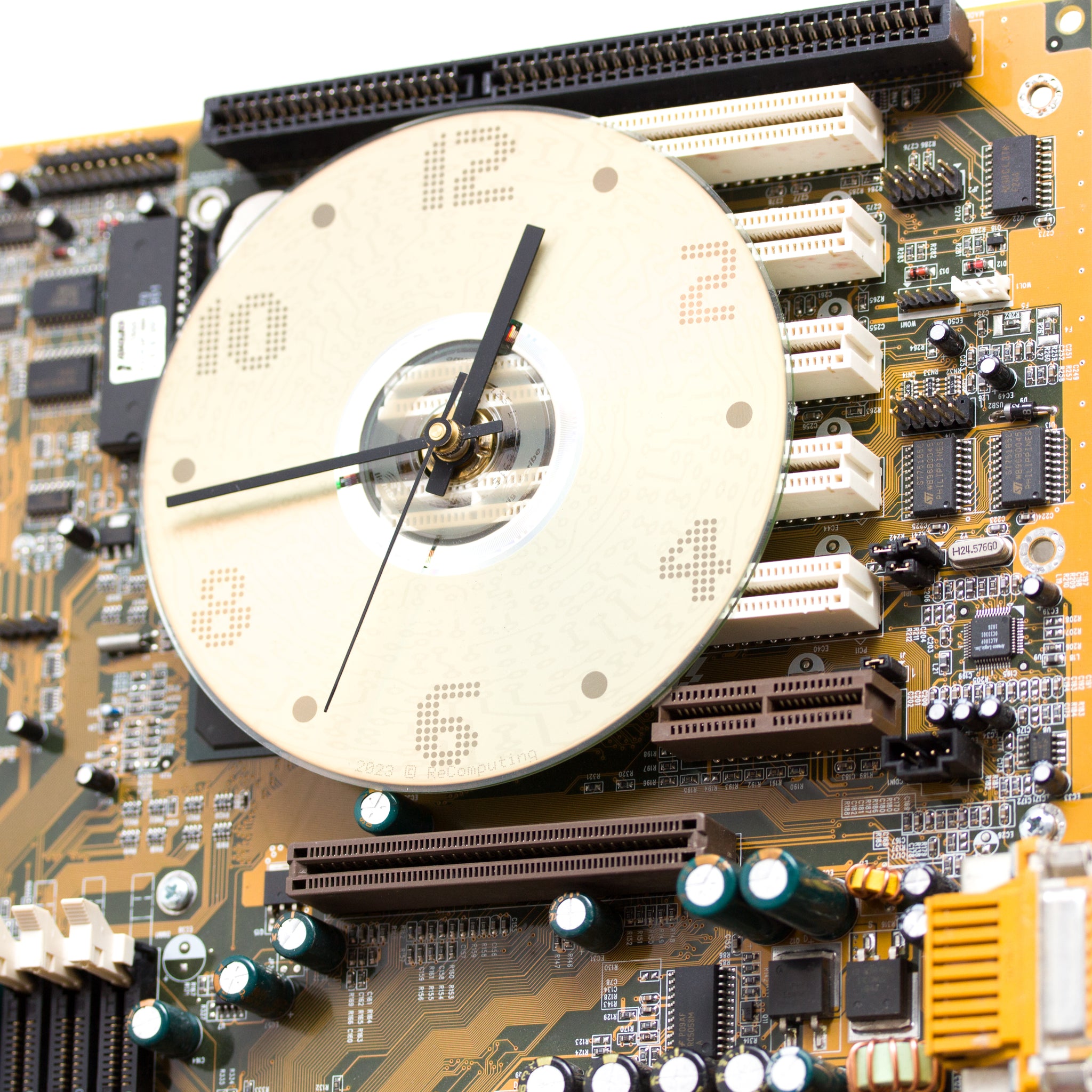 Unique Wall clock - yellow / olive green recycled motherboard - ready to ship