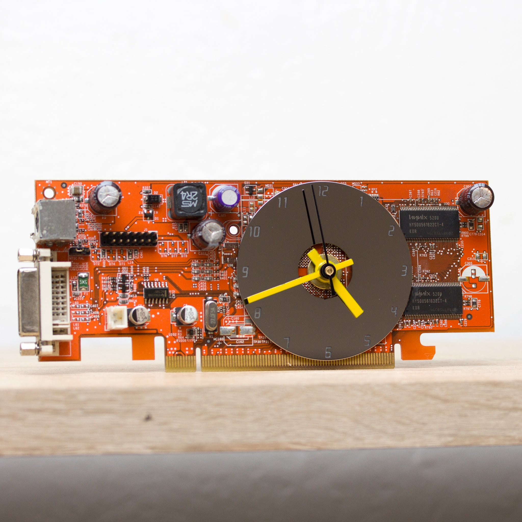 Desk clock - Recycled slim graphics card clock, unique office clock, orange circuit board