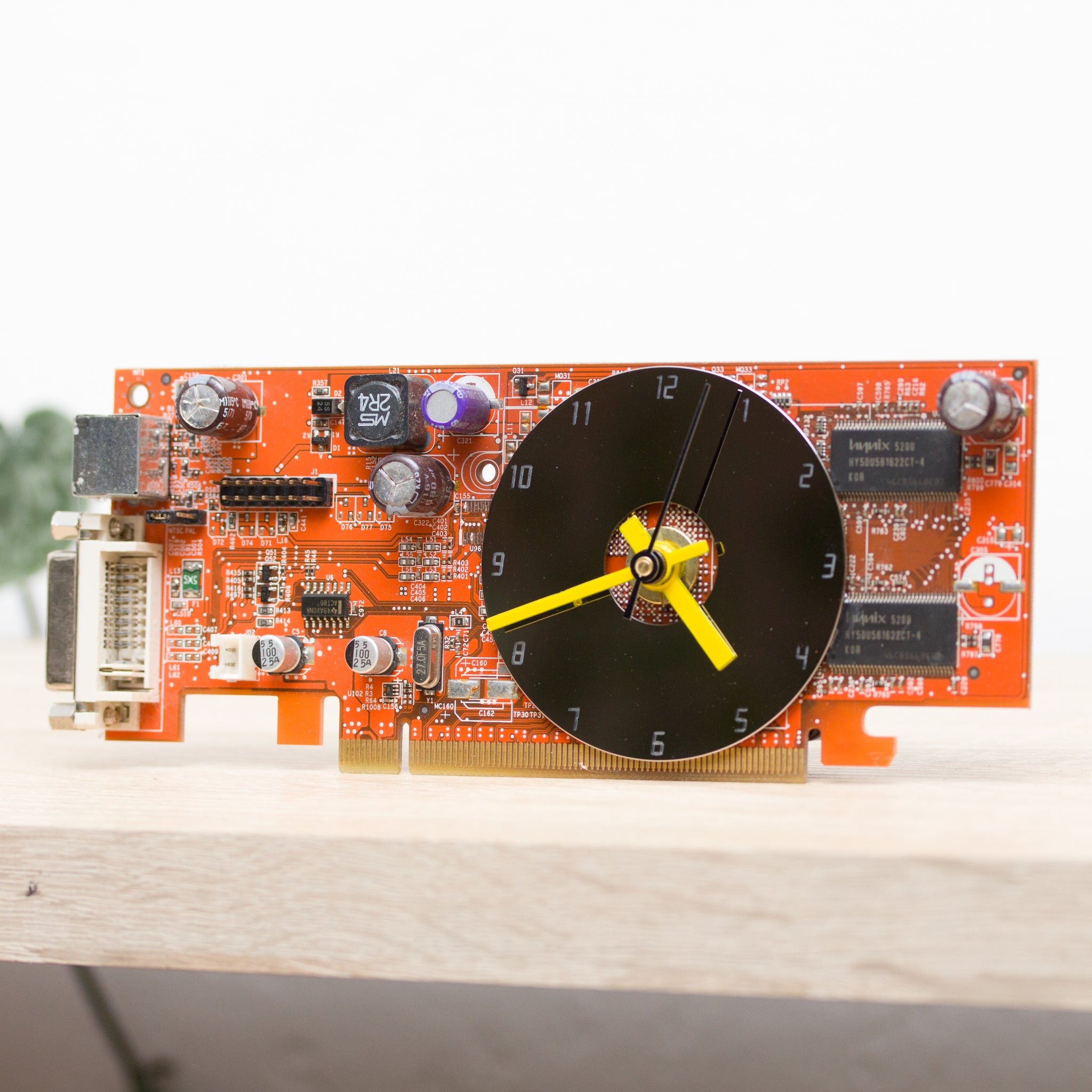 Desk clock - Recycled slim graphics card clock, unique office clock, orange circuit board