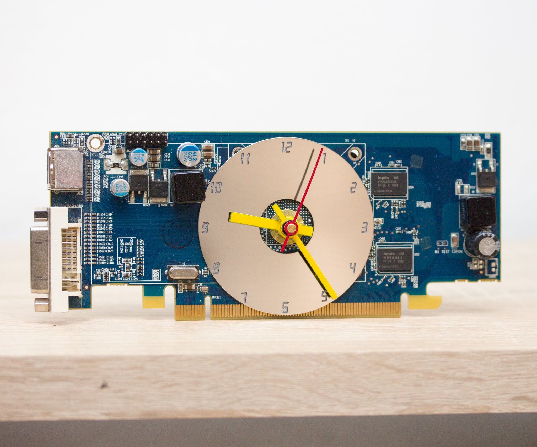 Desk clock - Recycled slim graphics card clock, unique office clock, blue