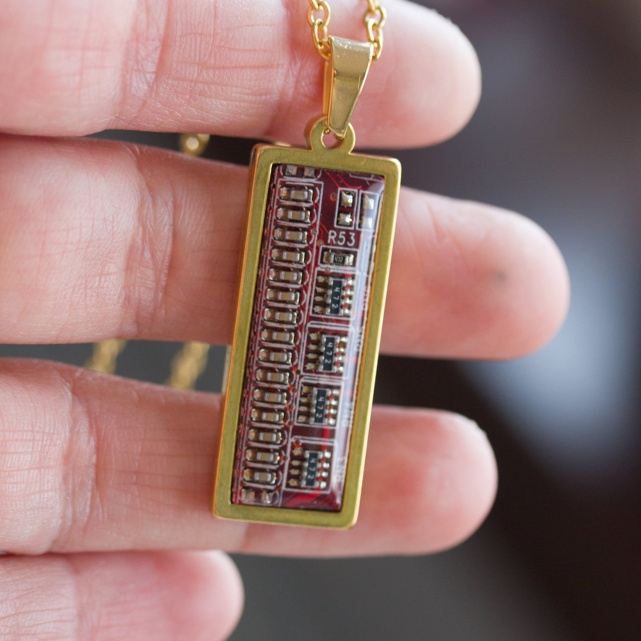 Circuit board necklace, small rectangle