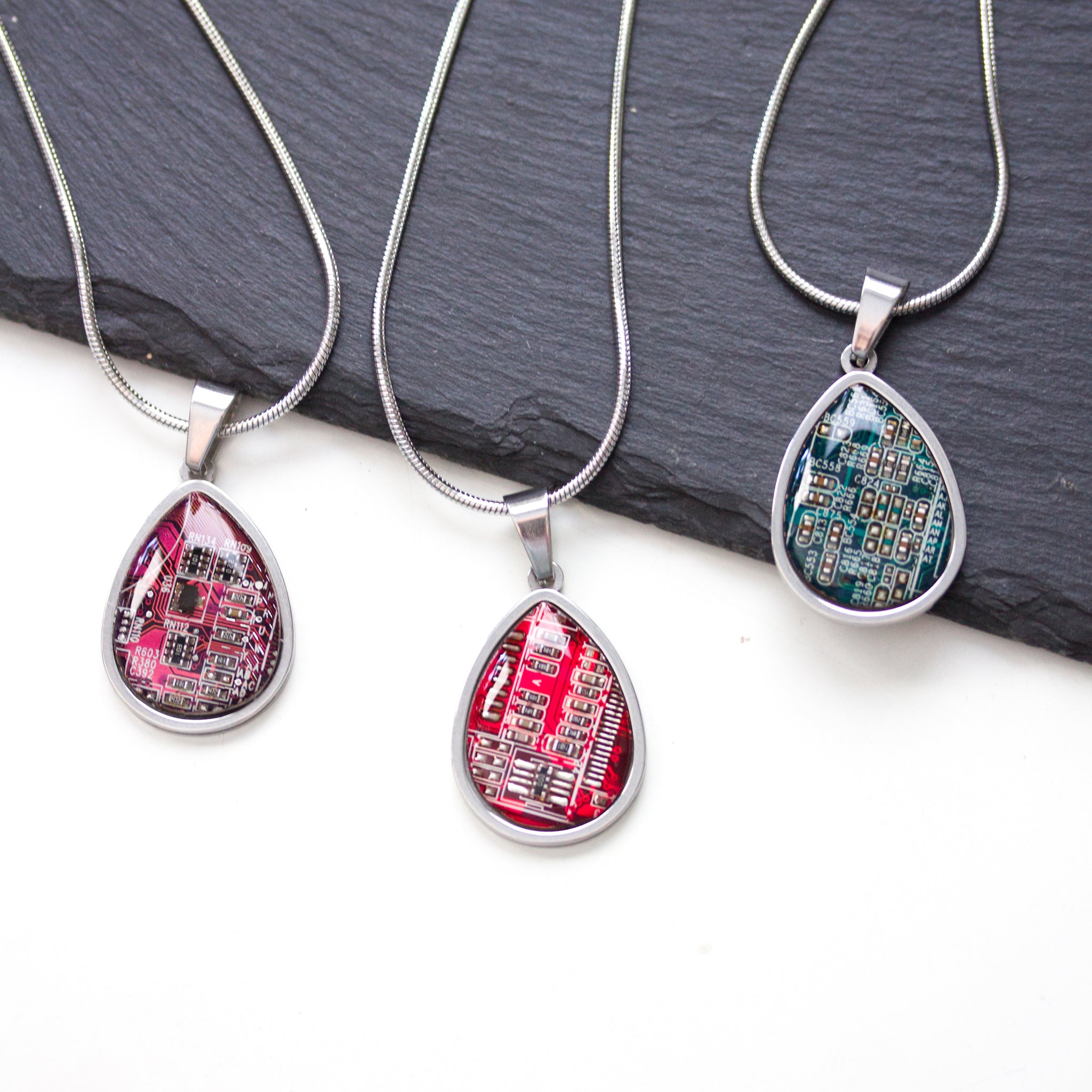 Circuit board necklace, drop shape