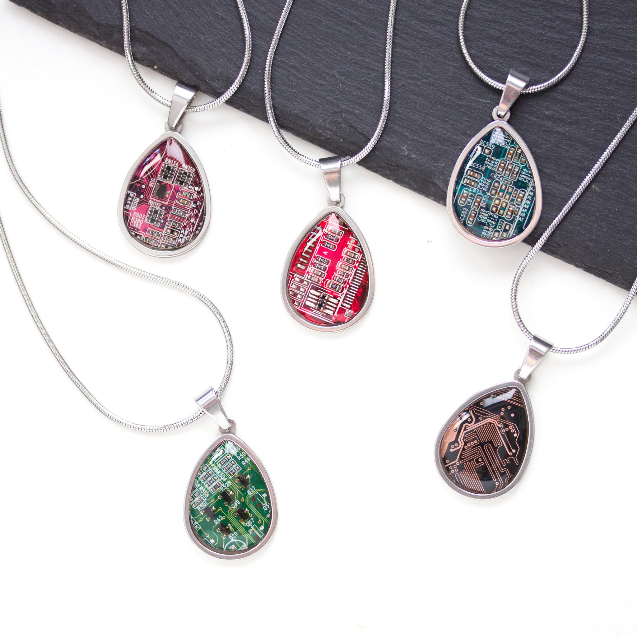 Circuit board necklace, drop shape