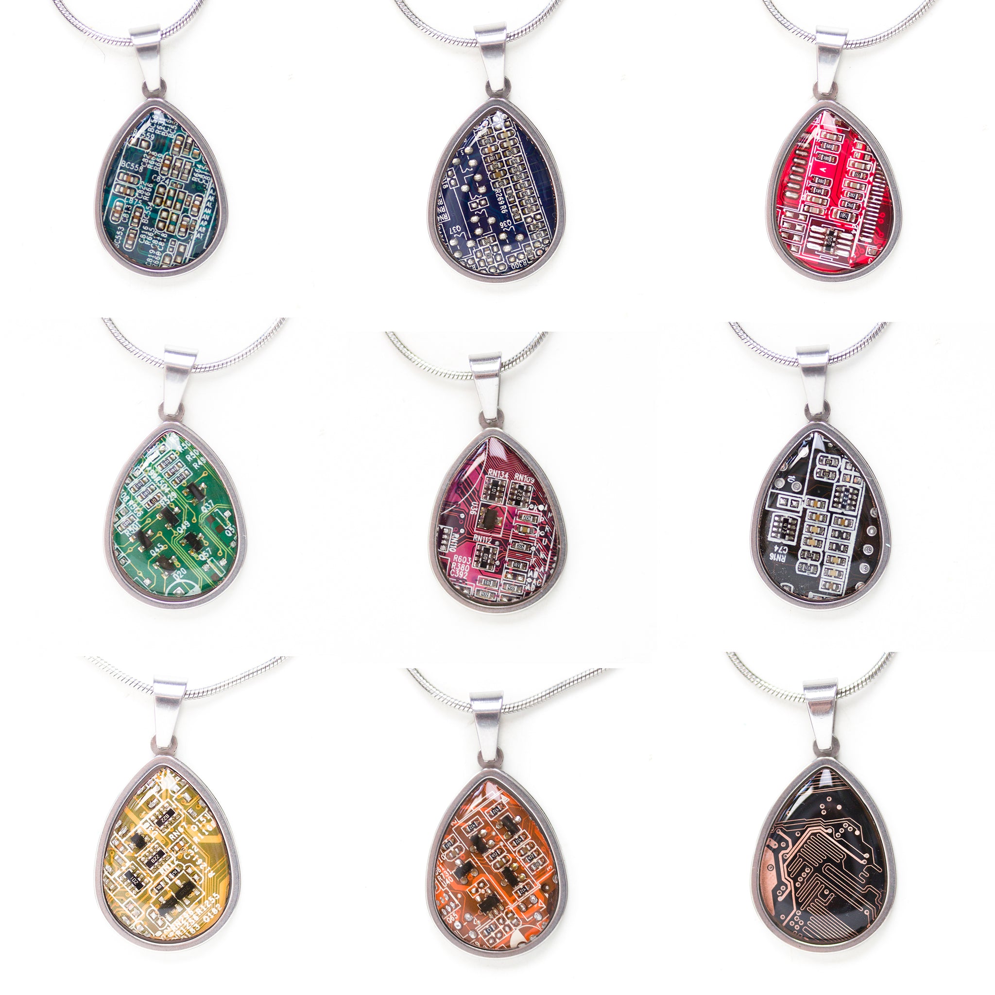 Circuit board necklace, drop shape