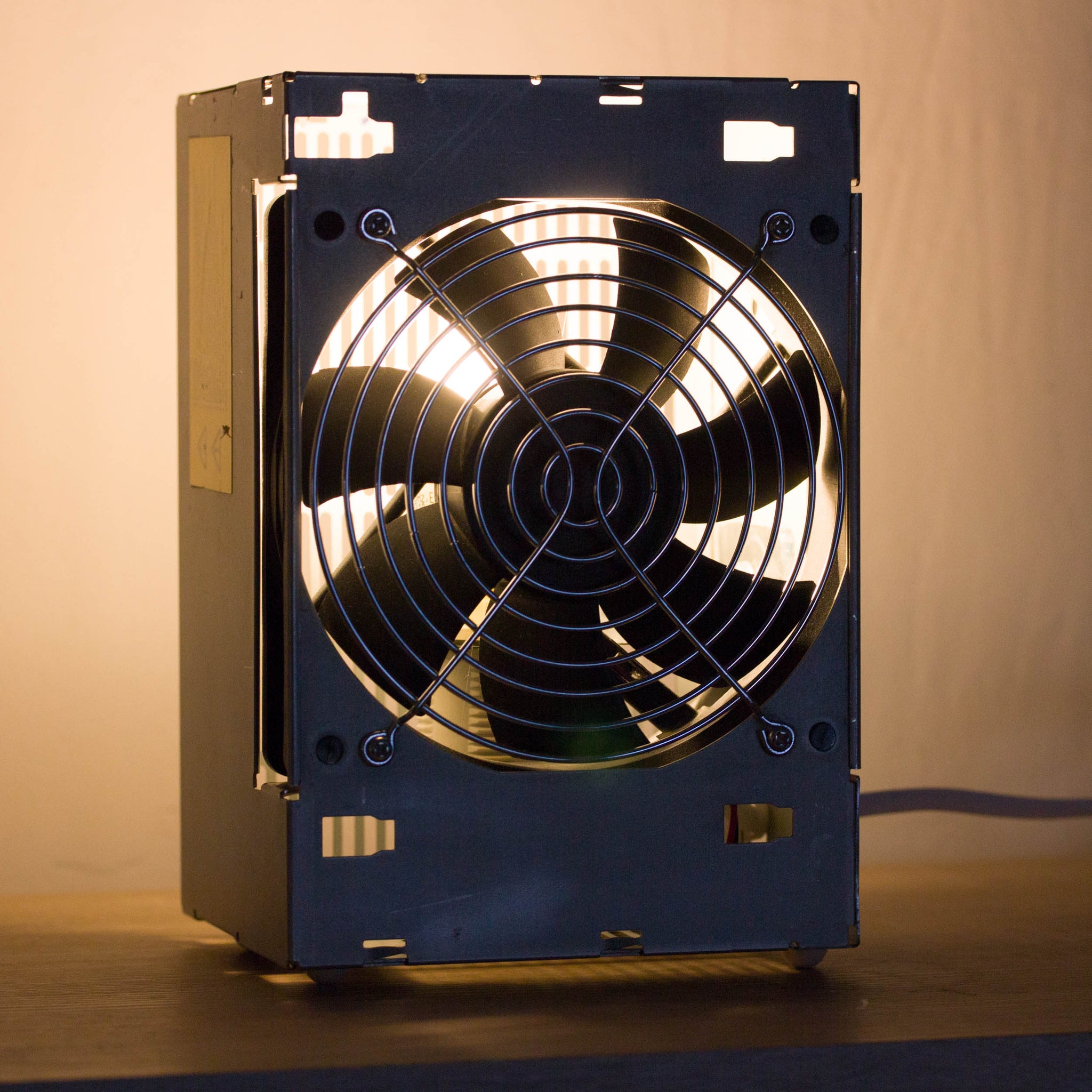 Table lamp made with recycled computer power supply unit