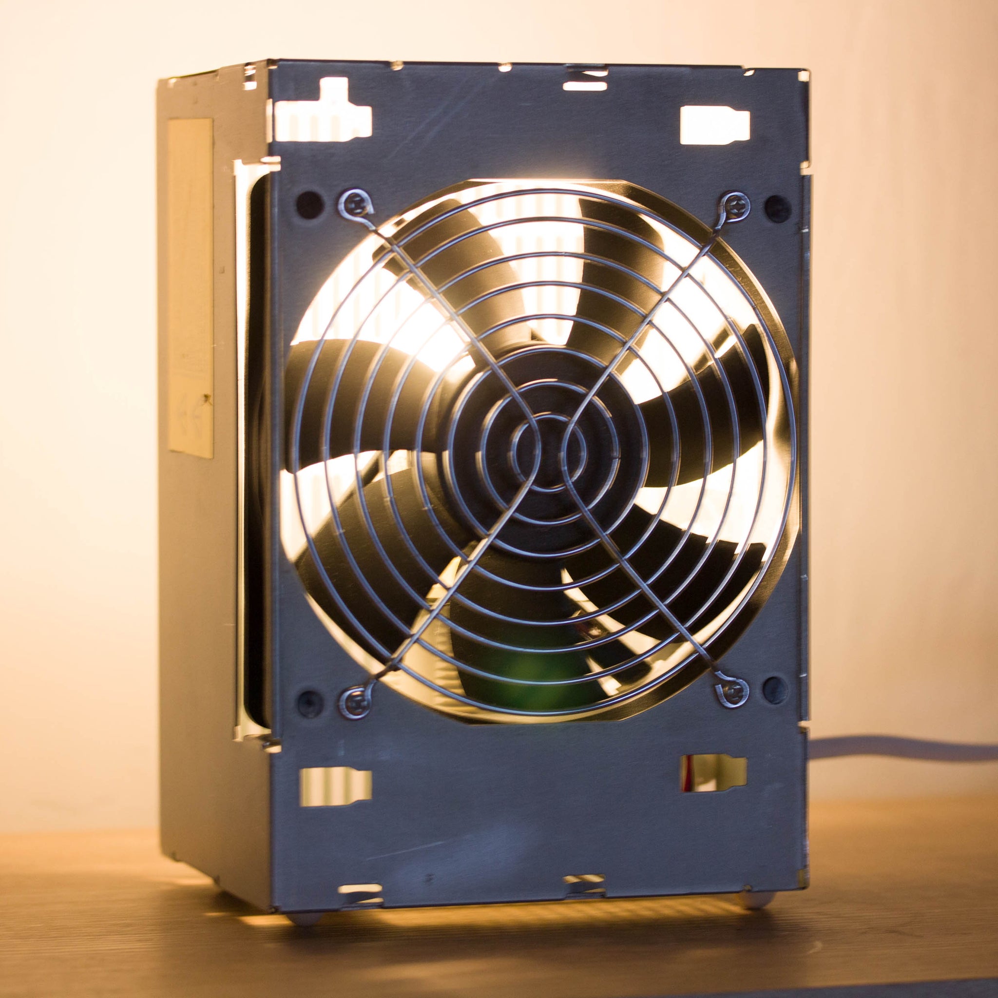 Table lamp made with recycled computer power supply unit