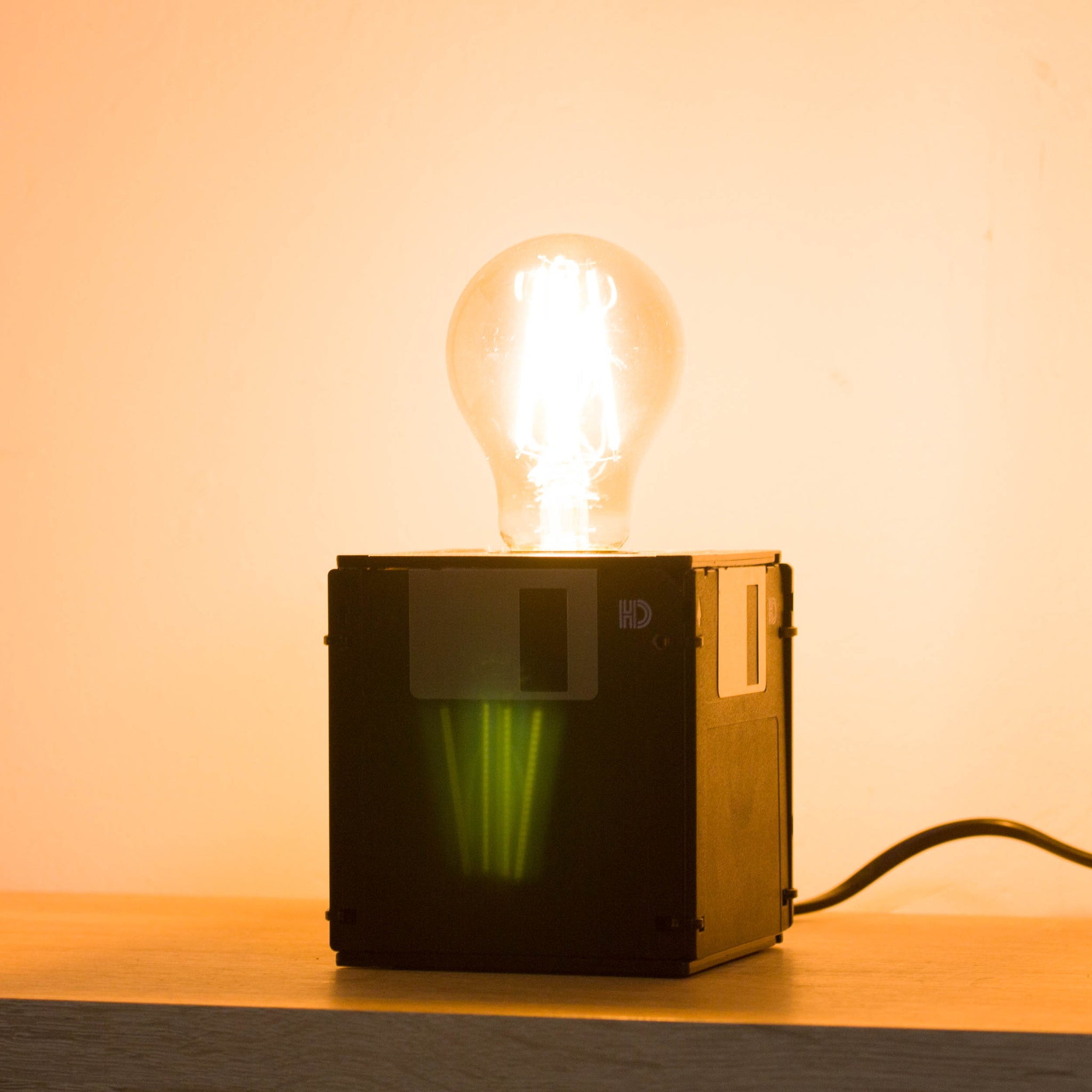 Table lamp made with recycled floppy disks