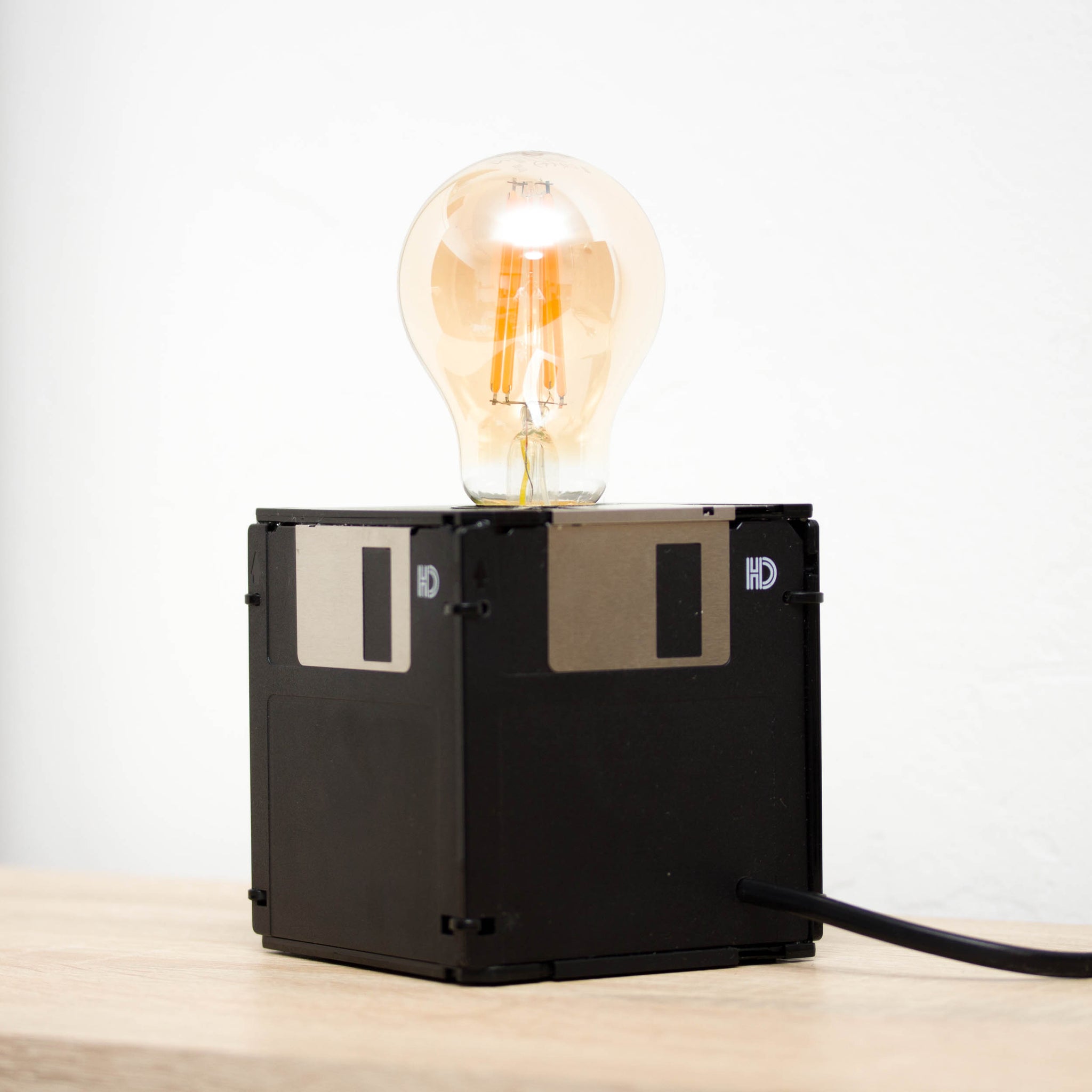 Table lamp made with recycled floppy disks