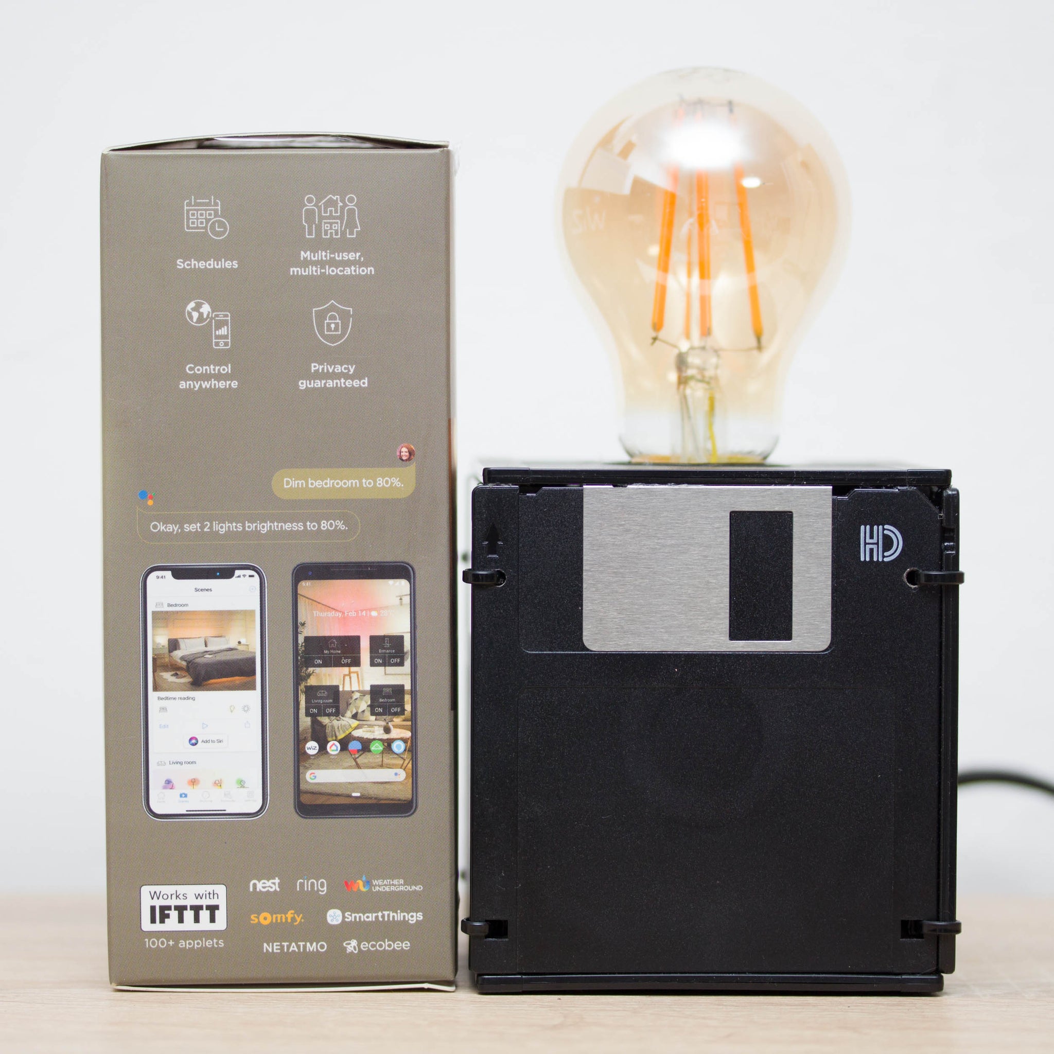 Table lamp made with recycled floppy disks