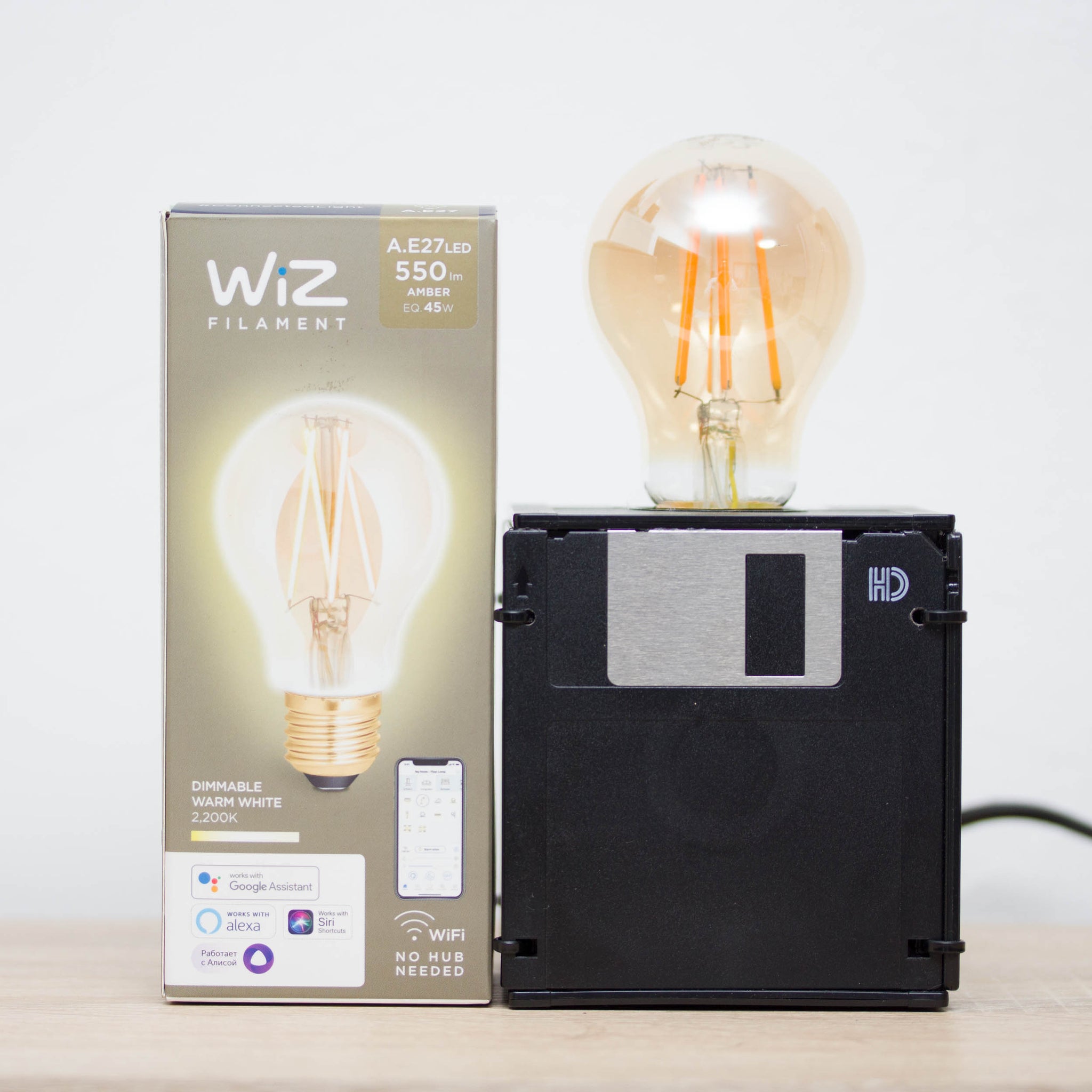 Table lamp made with recycled floppy disks