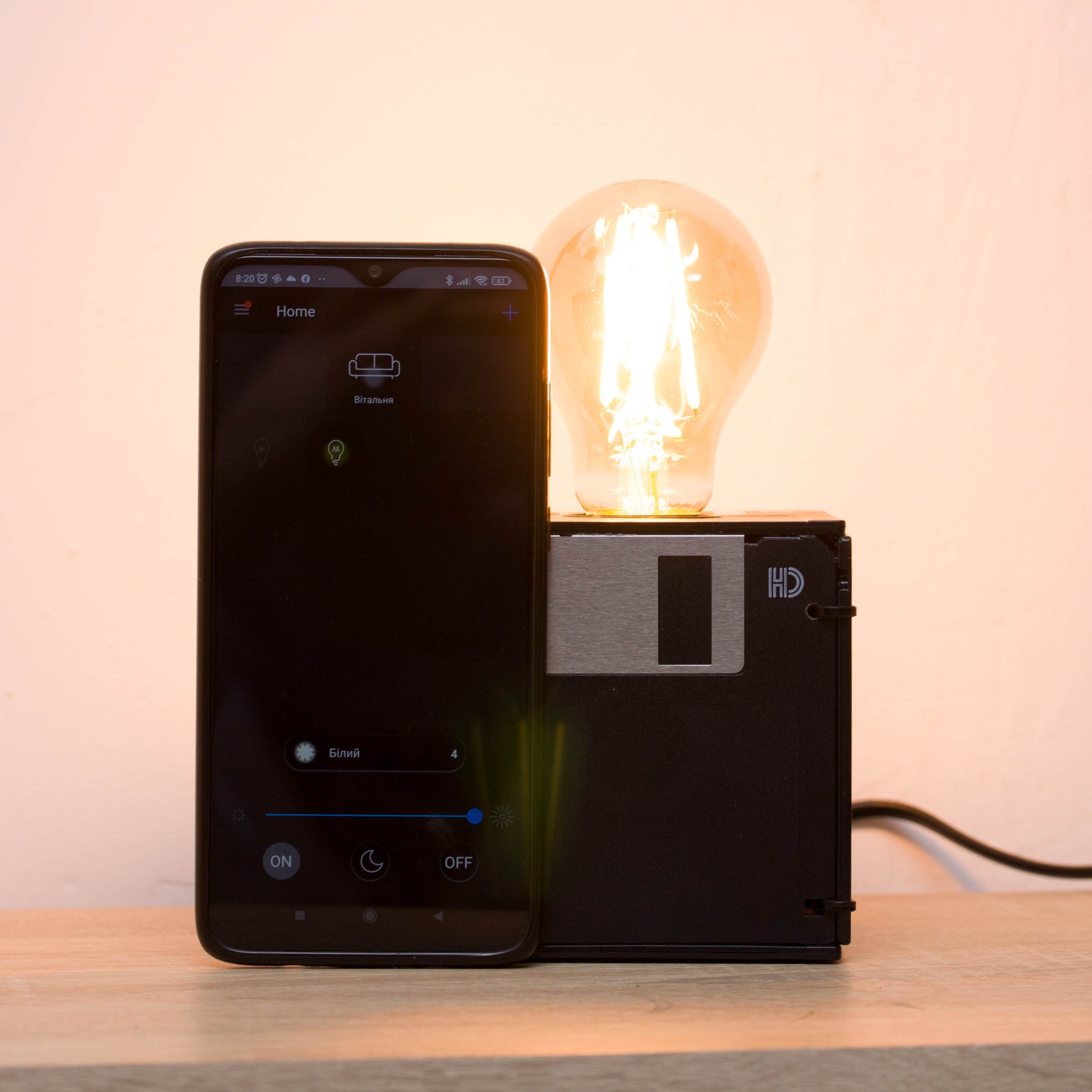 Table lamp made with recycled floppy disks