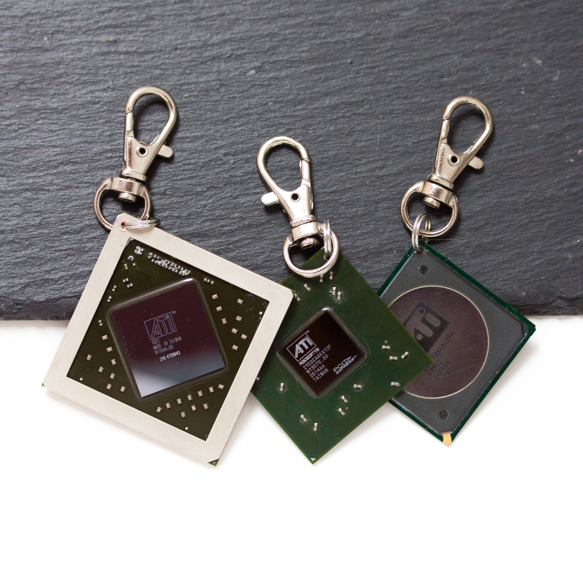 Chipset keychain, recycled computer keychain, ATI graphic processor, GPU