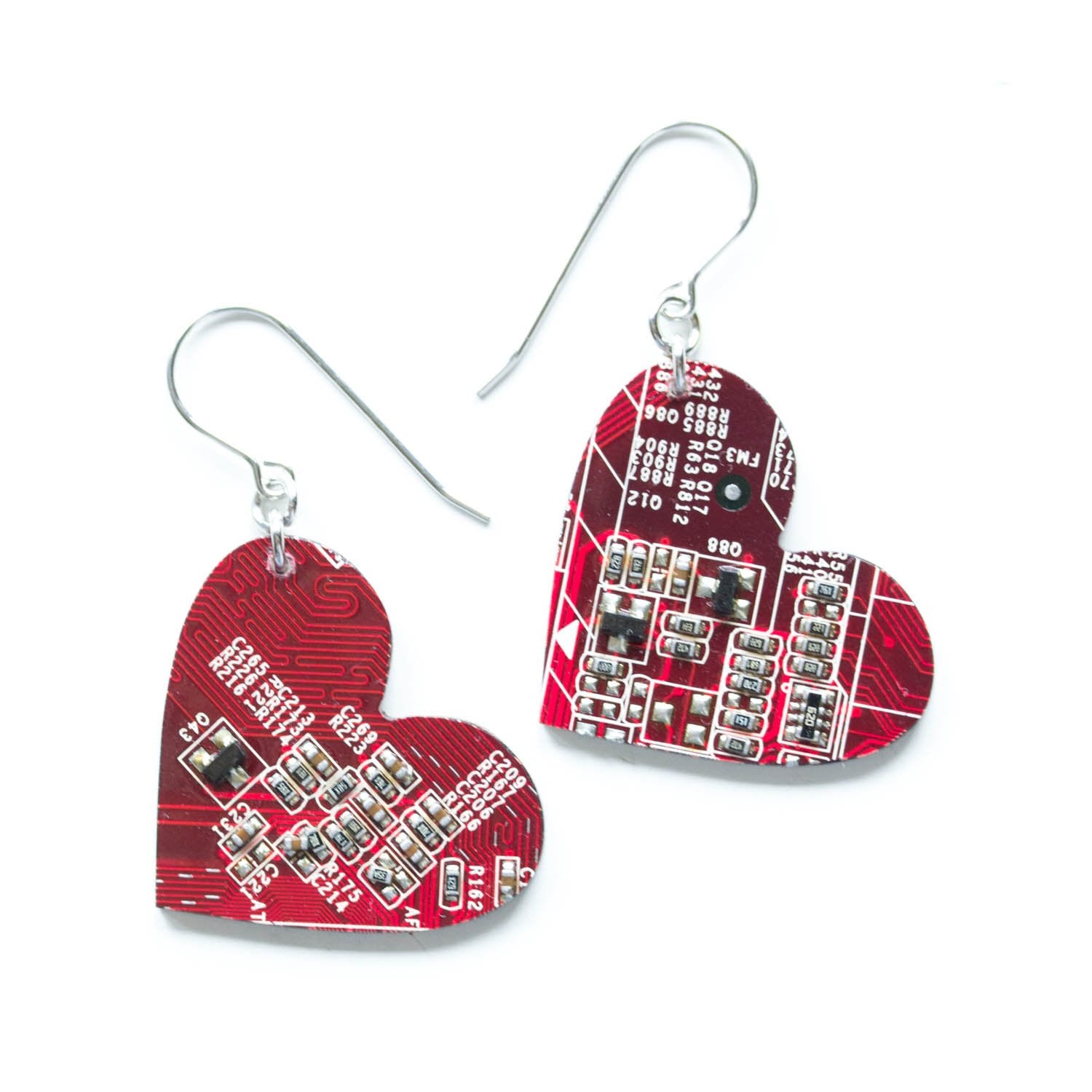 Big circuit board heart earrings