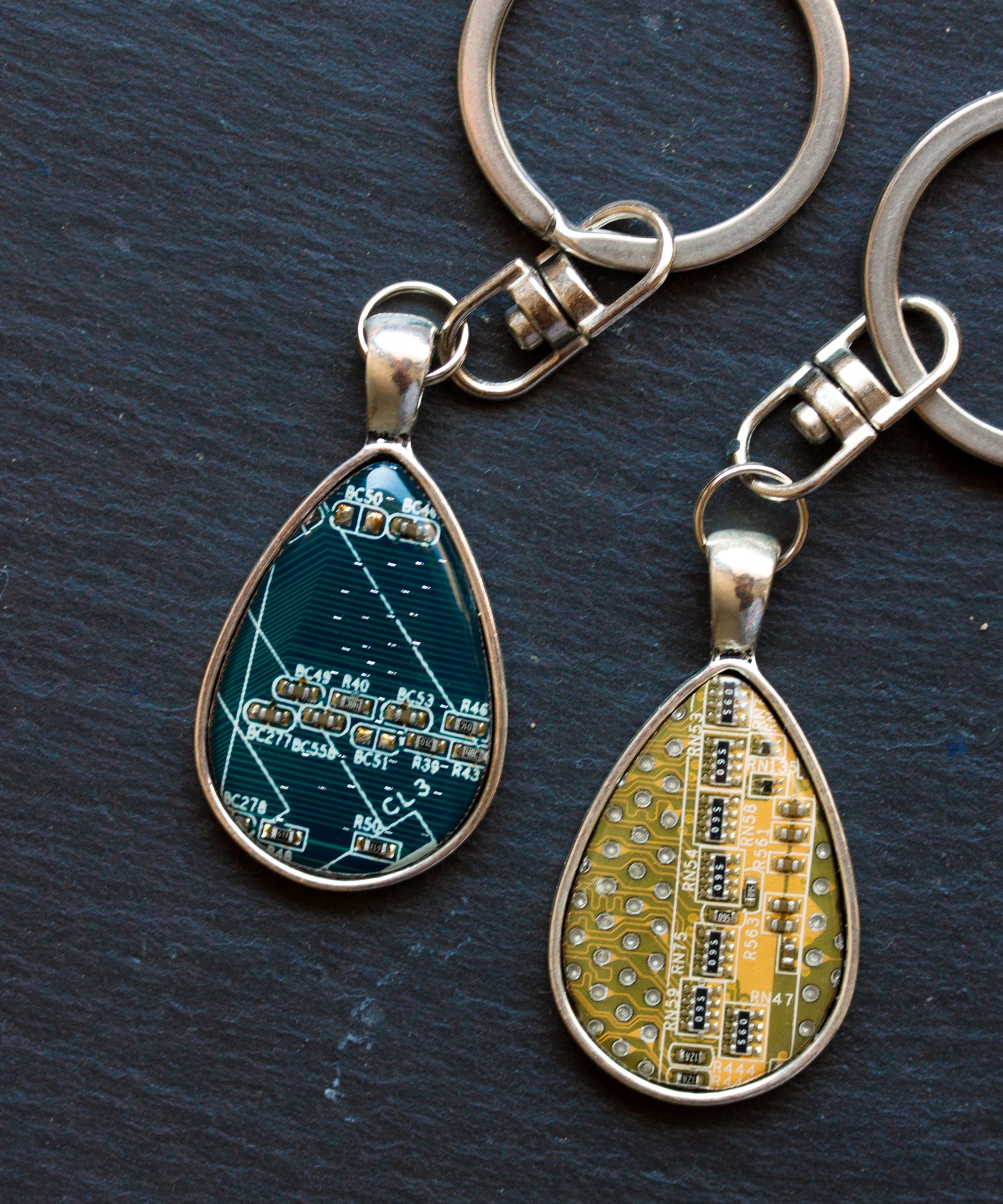 Unique circuit board keychain, drop shaped