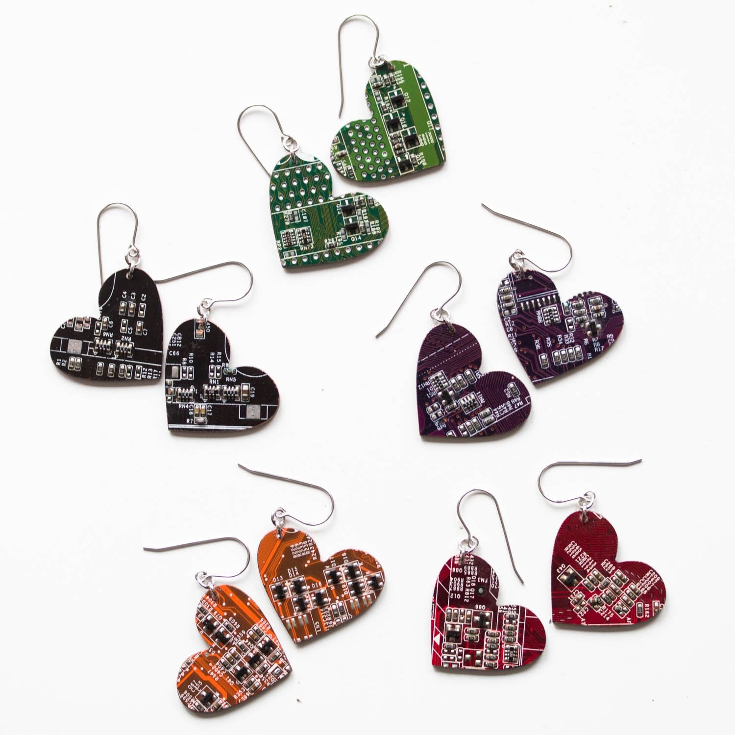 Big circuit board heart earrings