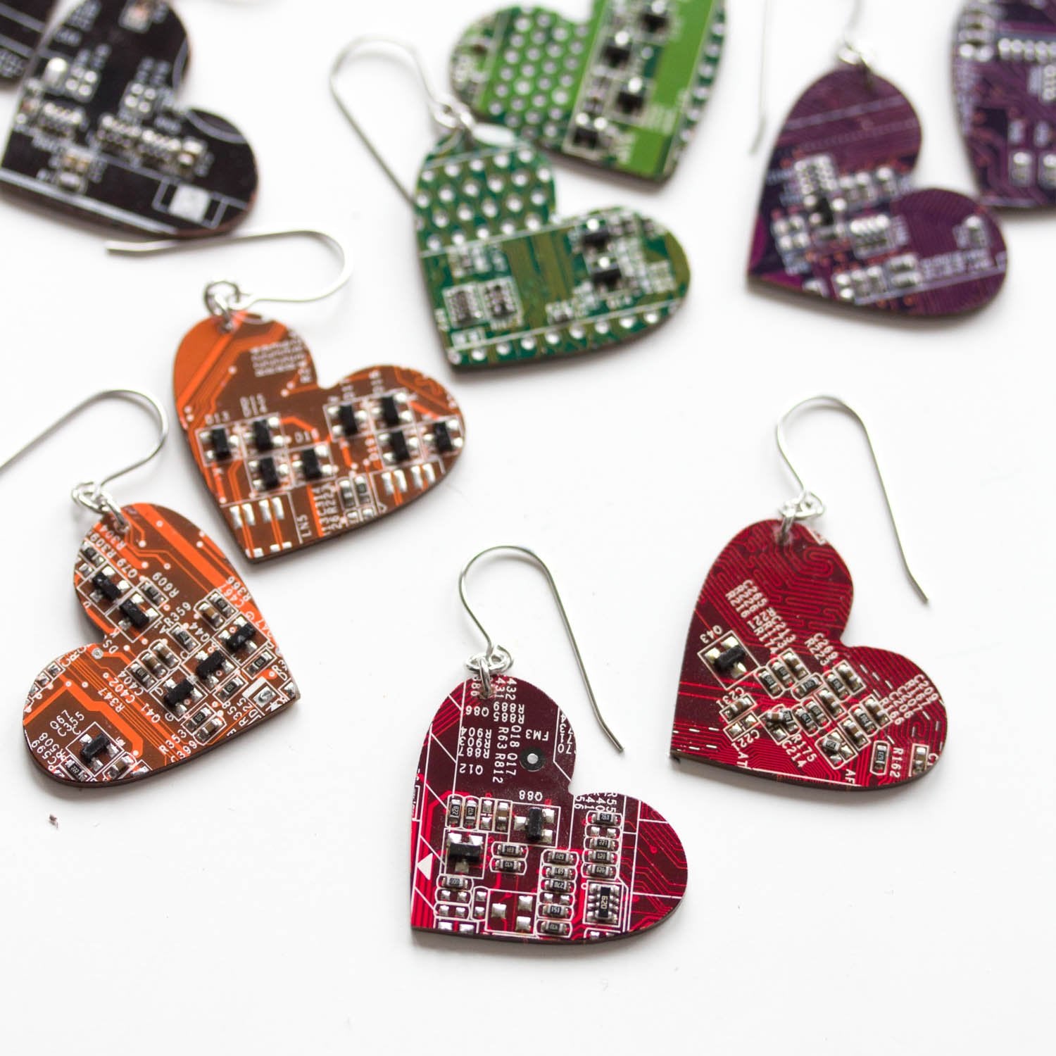 Big circuit board heart earrings