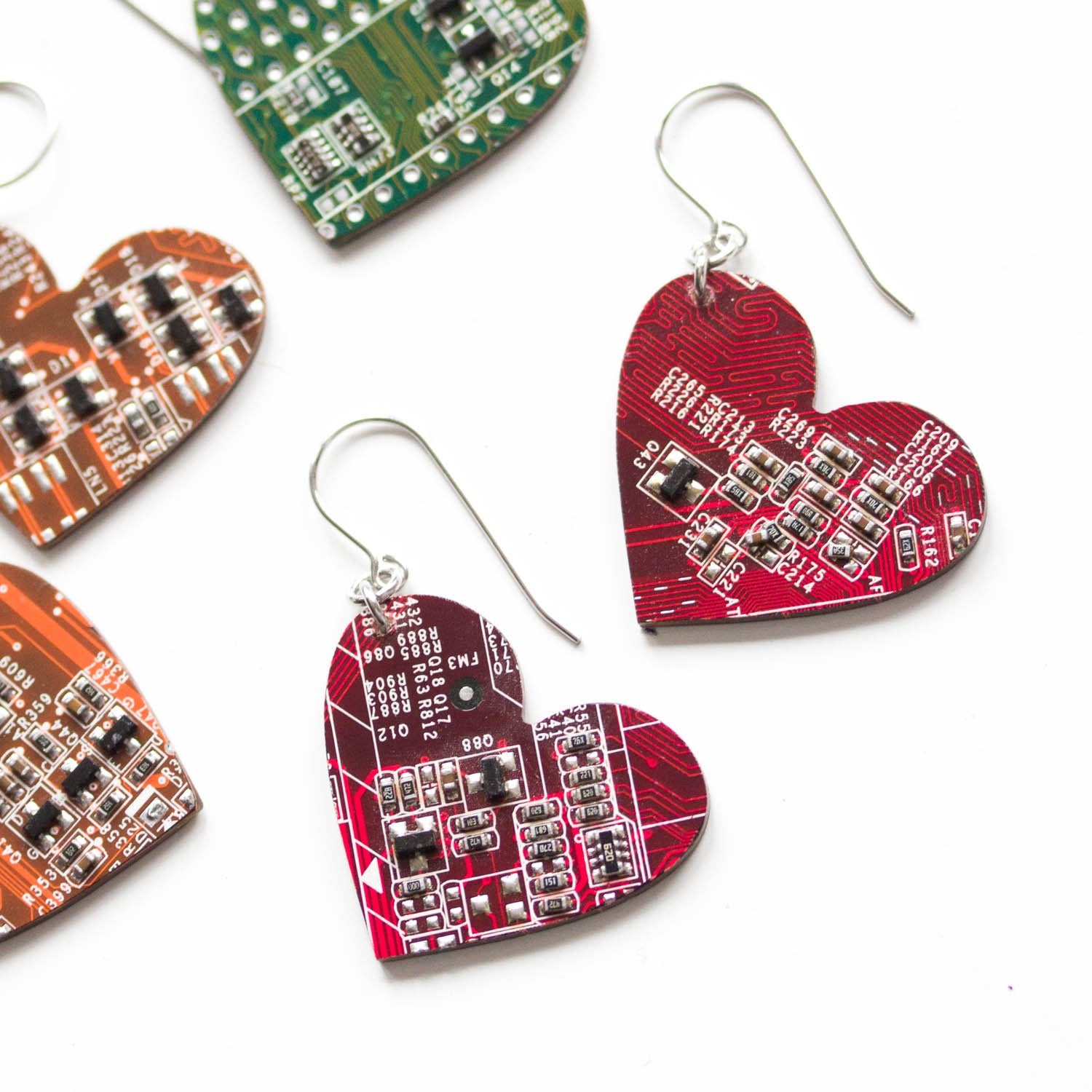Big circuit board heart earrings