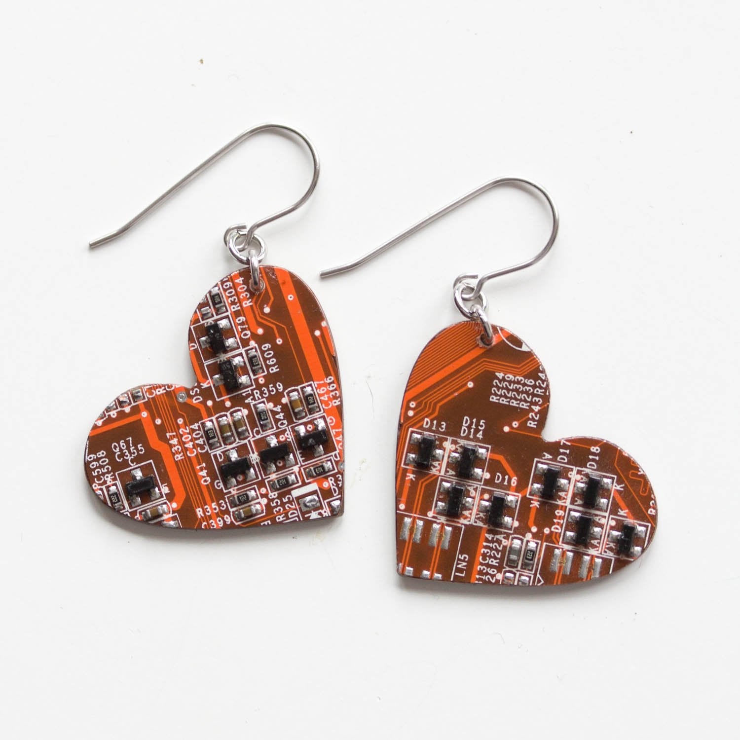 Big circuit board heart earrings