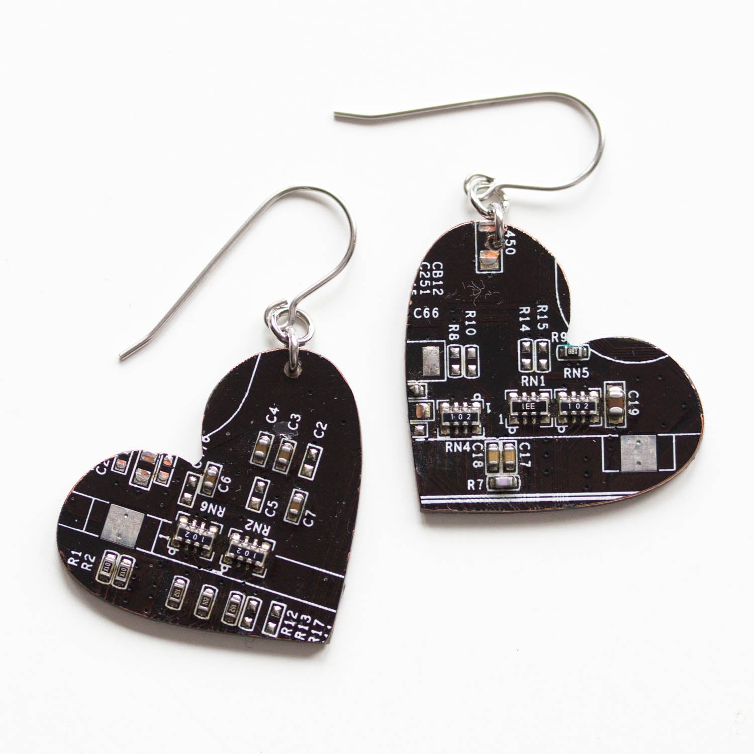 Big circuit board heart earrings