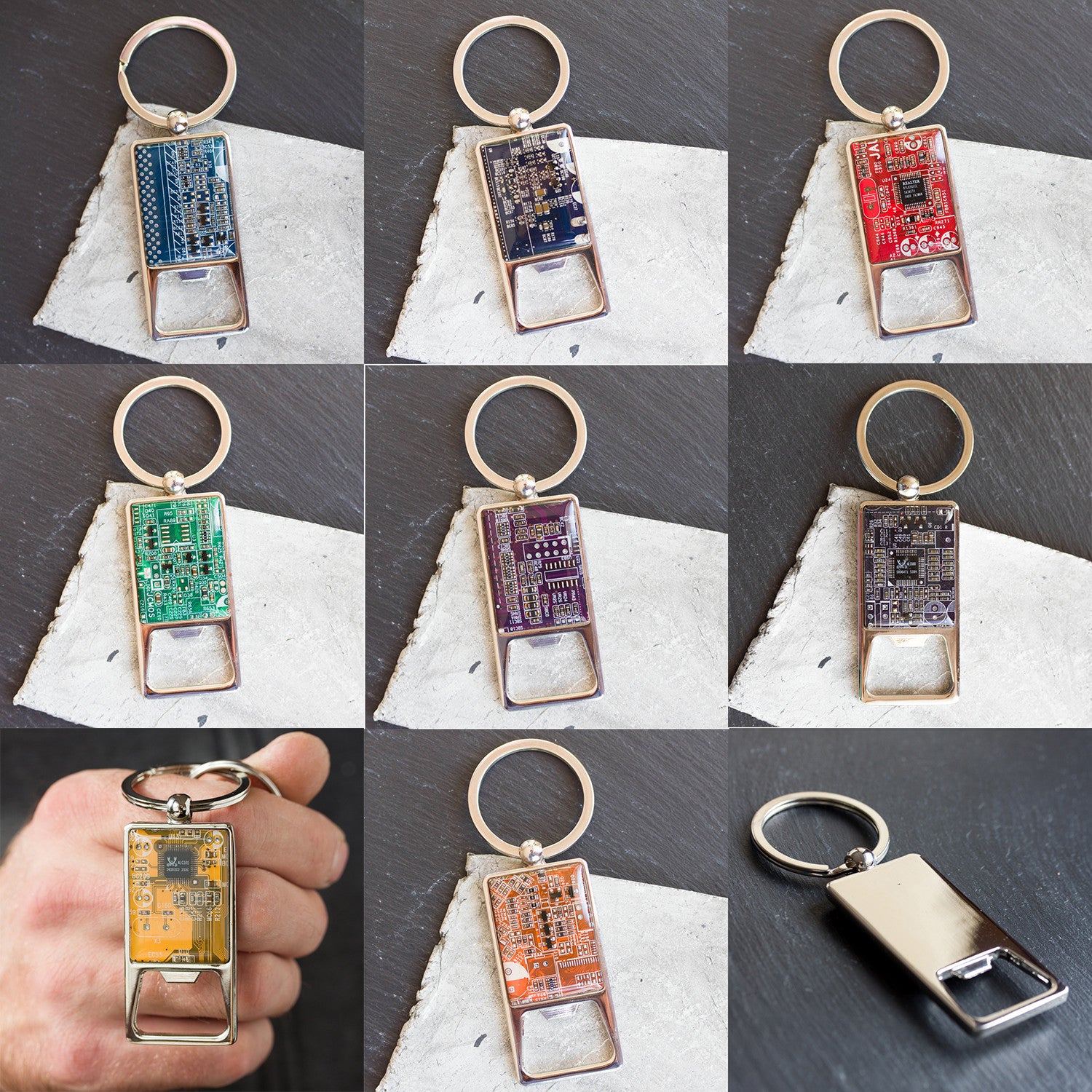 Bottle opener keychain with a circuit board piece