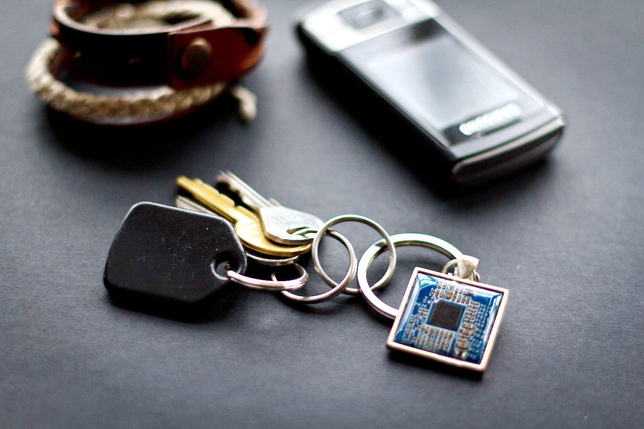 geeky men's keychain, recycled circuit board