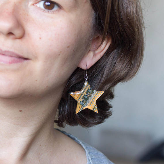 Circuit board star earrings, techie, steampunk