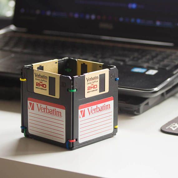 Pen and Pencil Holder made with recycled Verbatim floppy discs - black and golden