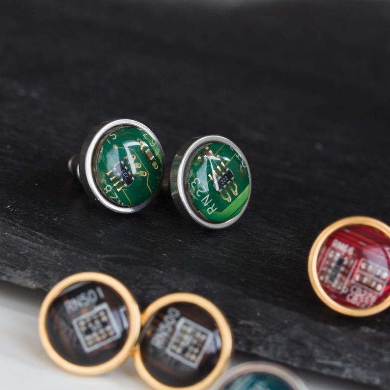 Circuit board stud earrings, 10mm round, steel or gold
