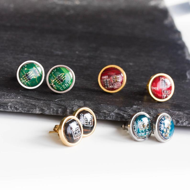 Circuit board stud earrings, 10mm round, steel or gold