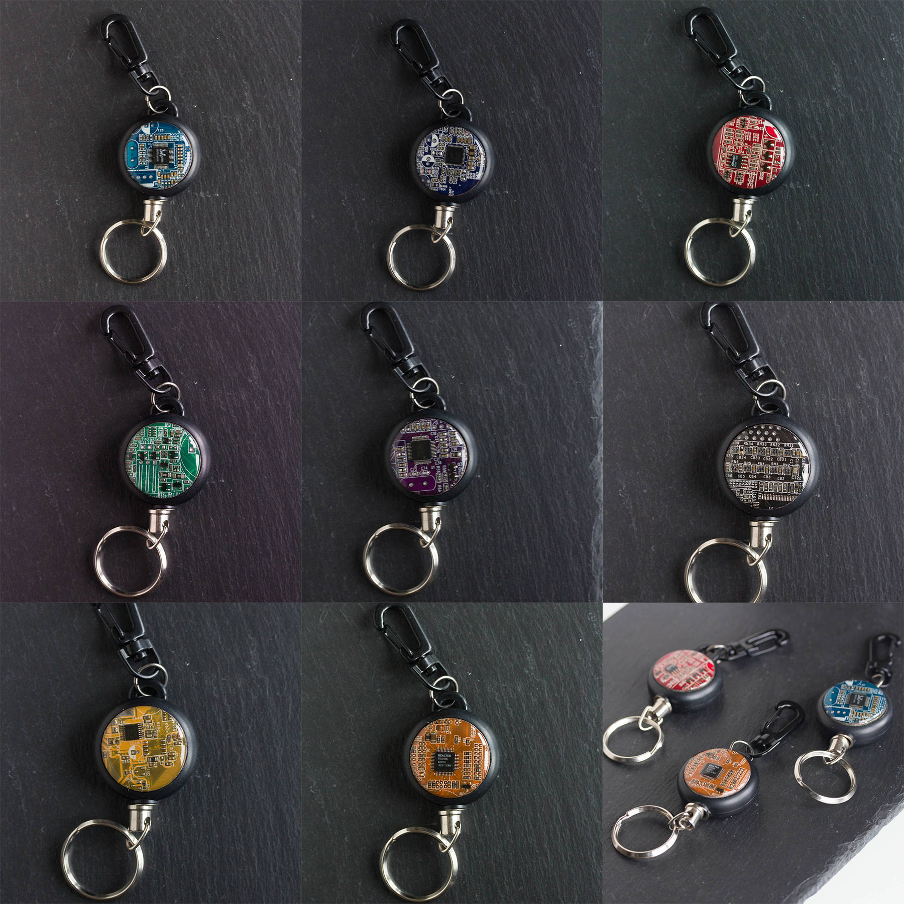 Retractable badge holder with a circuit board piece