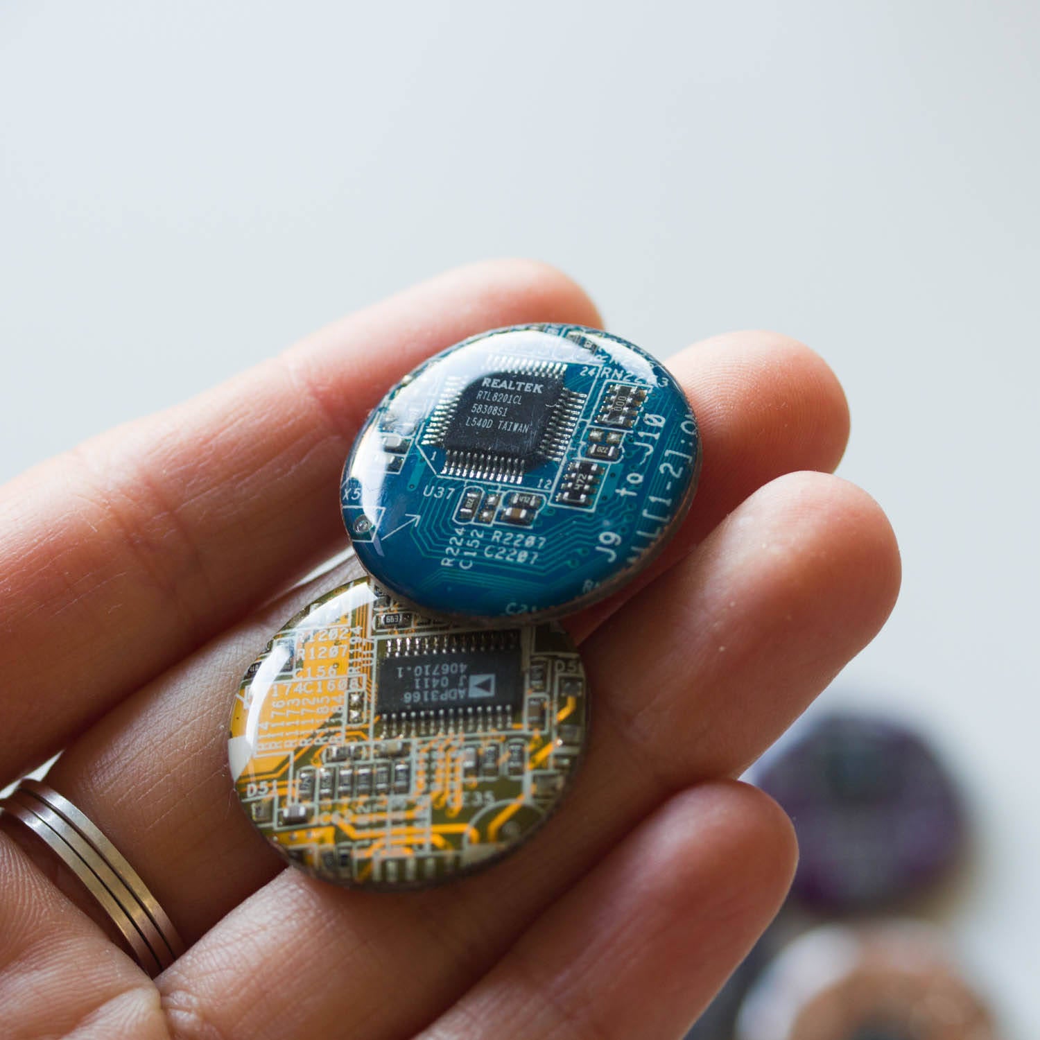 Fridge magnets made of real recycled Circuit boards