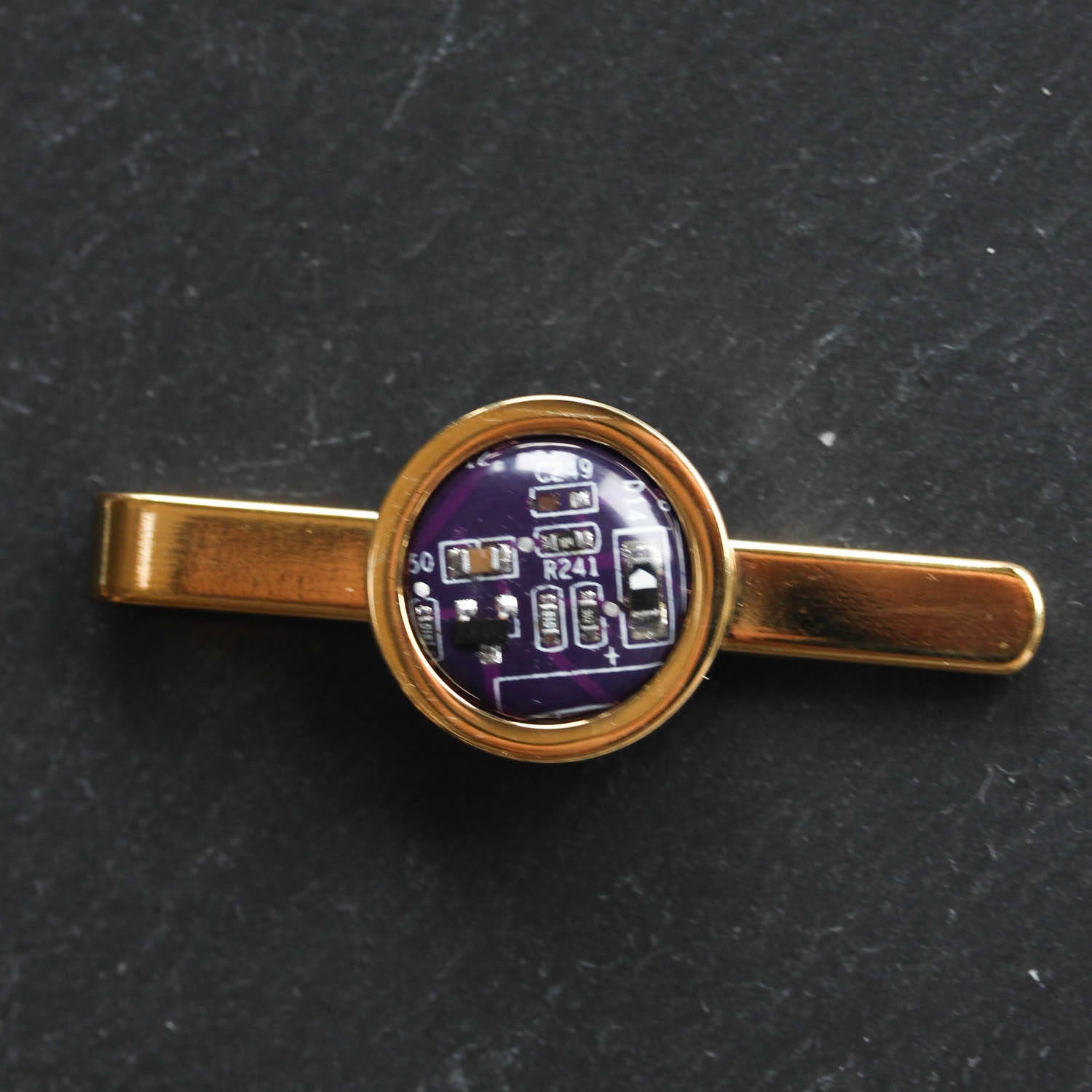 Golden Tie clip, recycled circuit board tie bar, computer nerd gift