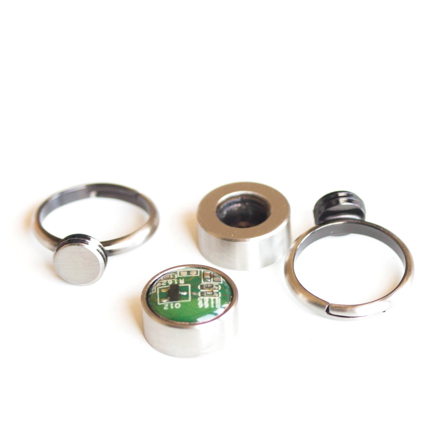 Rings with interchangeable buttons, recycled circuit board ring, unisex jewelry