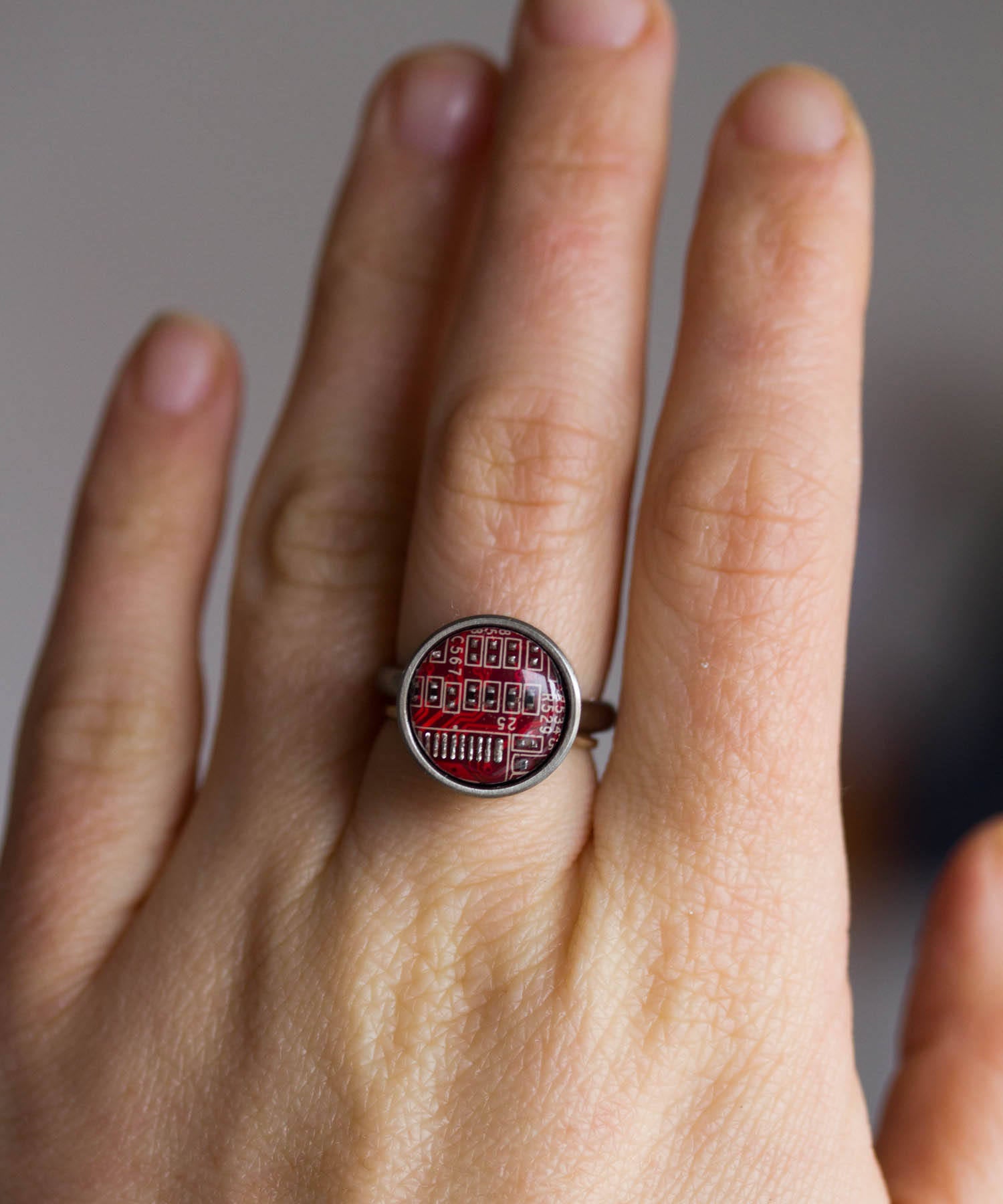 Rings with interchangeable buttons, recycled circuit board ring, unisex jewelry