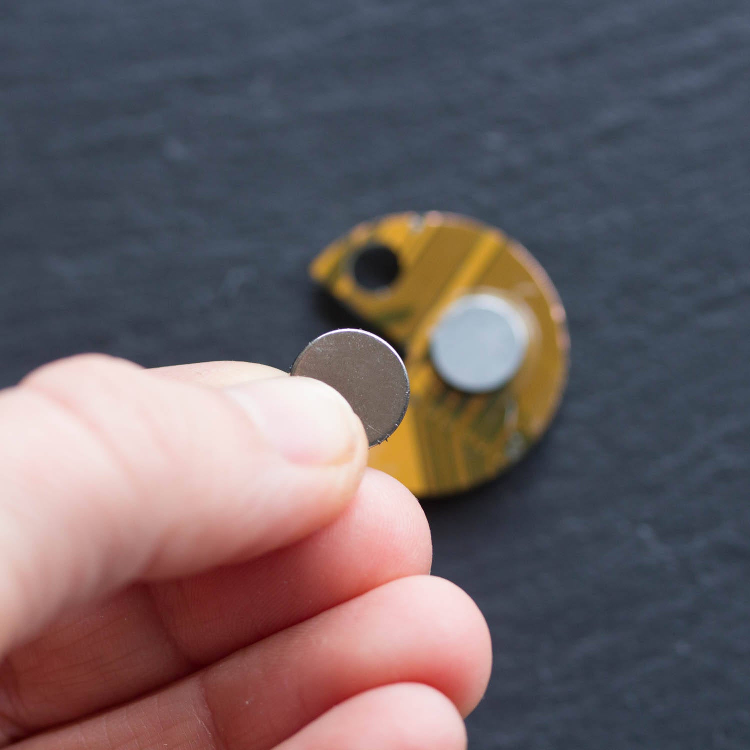 Pacman inspired Pin made with recycled Circuit board