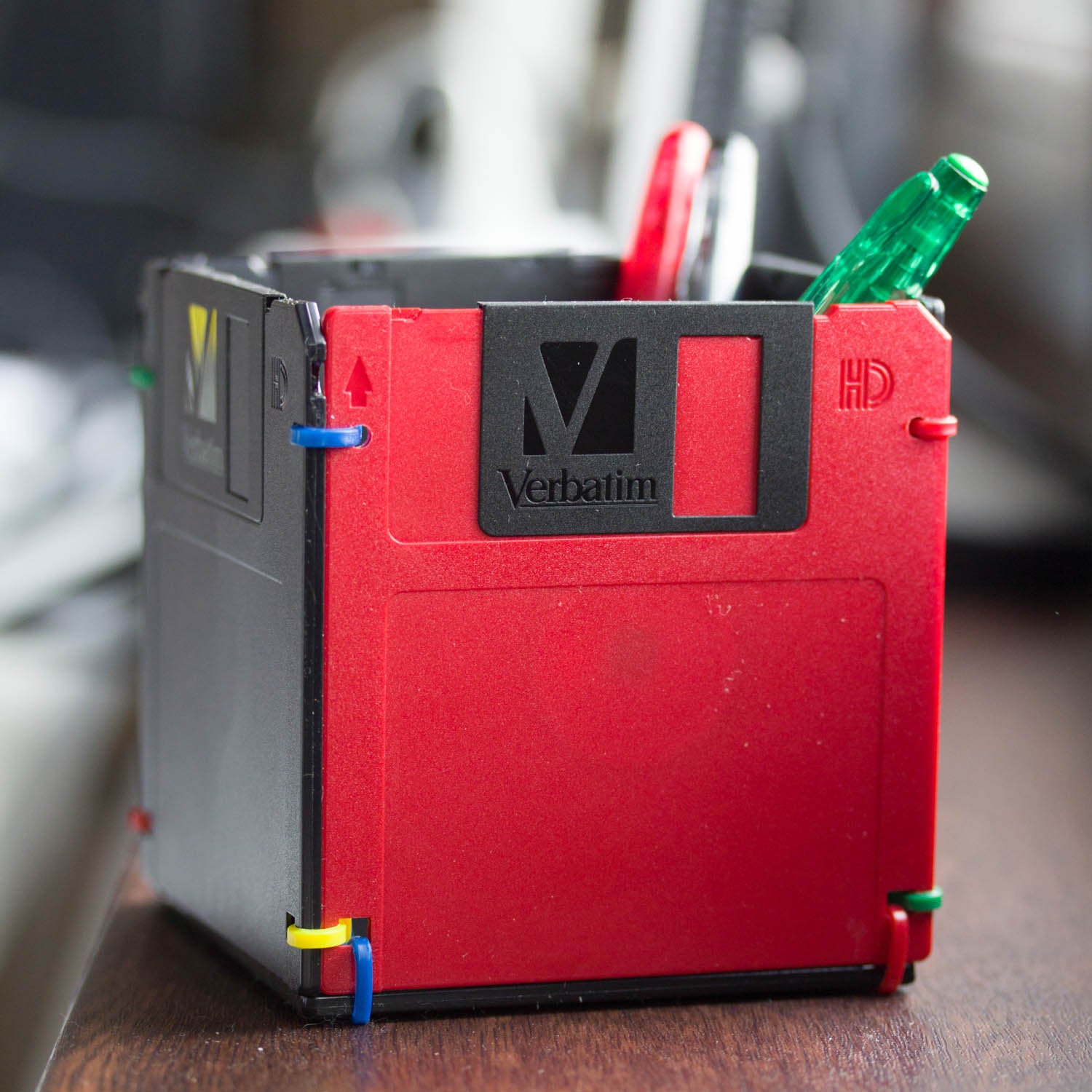 Pen and Pencil cup made with floppy disks - red