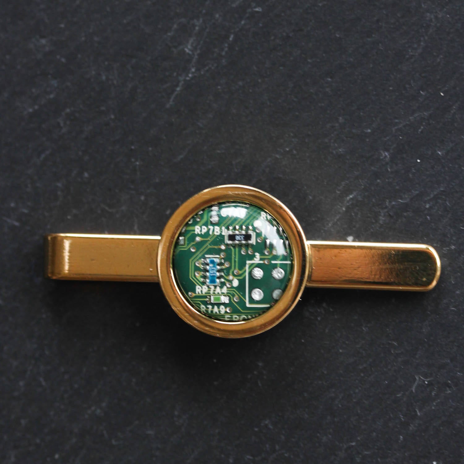 Golden Tie clip, recycled circuit board tie bar, computer nerd gift