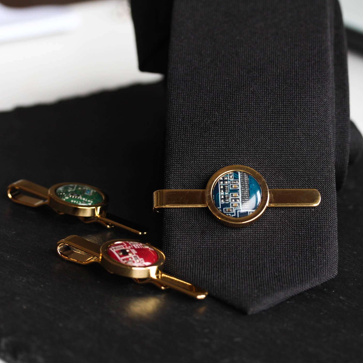 Golden Tie clip, recycled circuit board tie bar, computer nerd gift