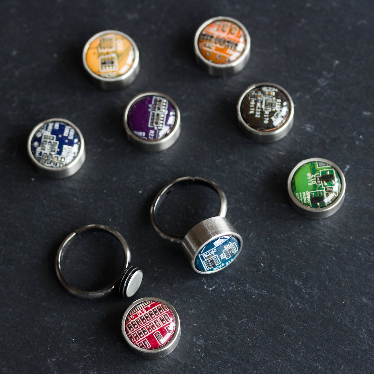 Rings with interchangeable buttons, recycled circuit board ring, unisex jewelry