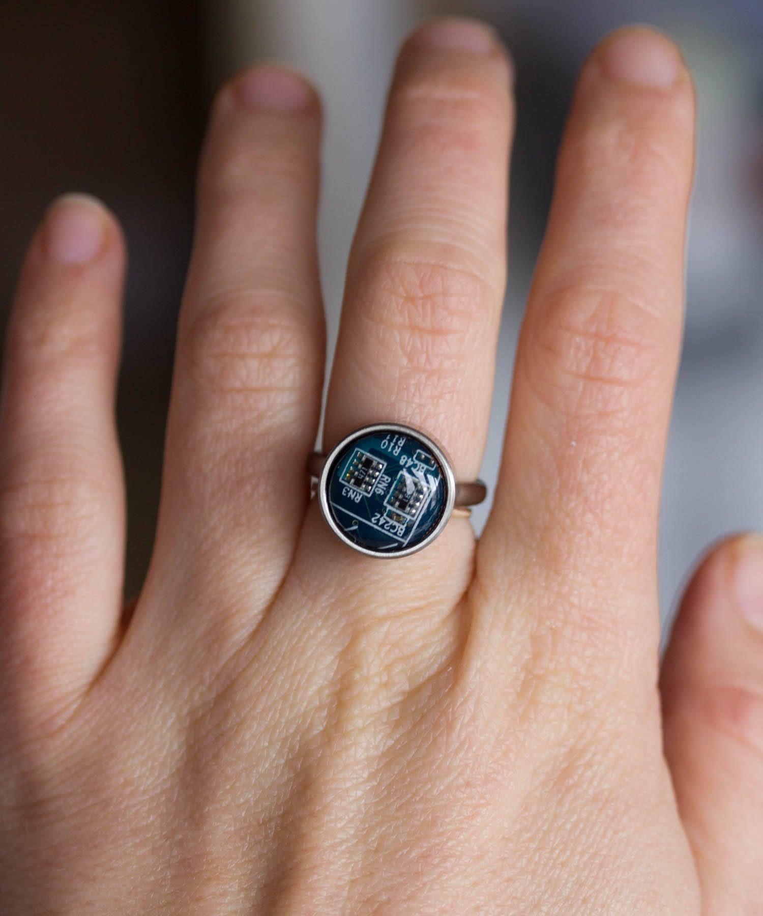 Rings with interchangeable buttons, recycled circuit board ring, unisex jewelry