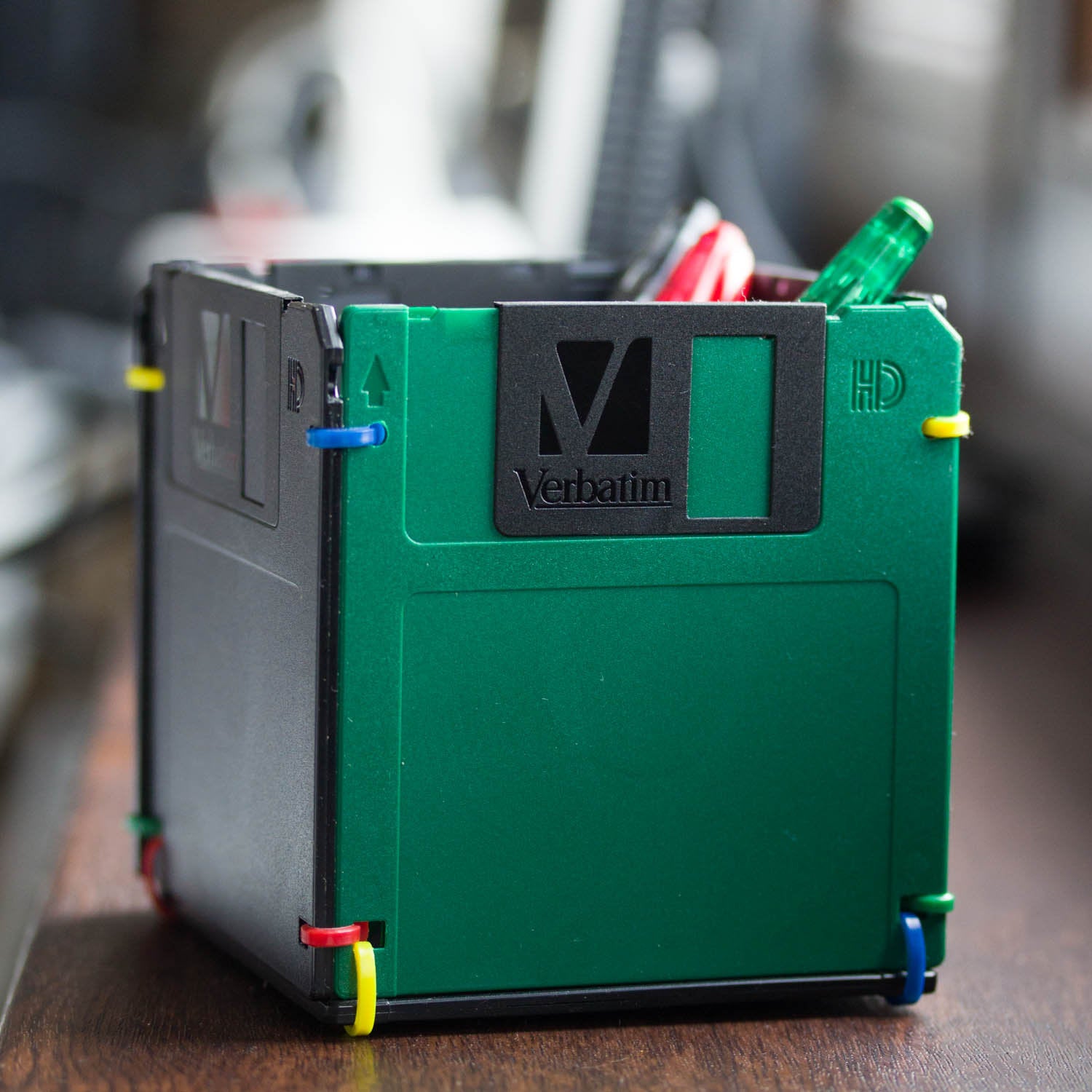 Pen and Pencil Cup made with recycled floppy discs - green